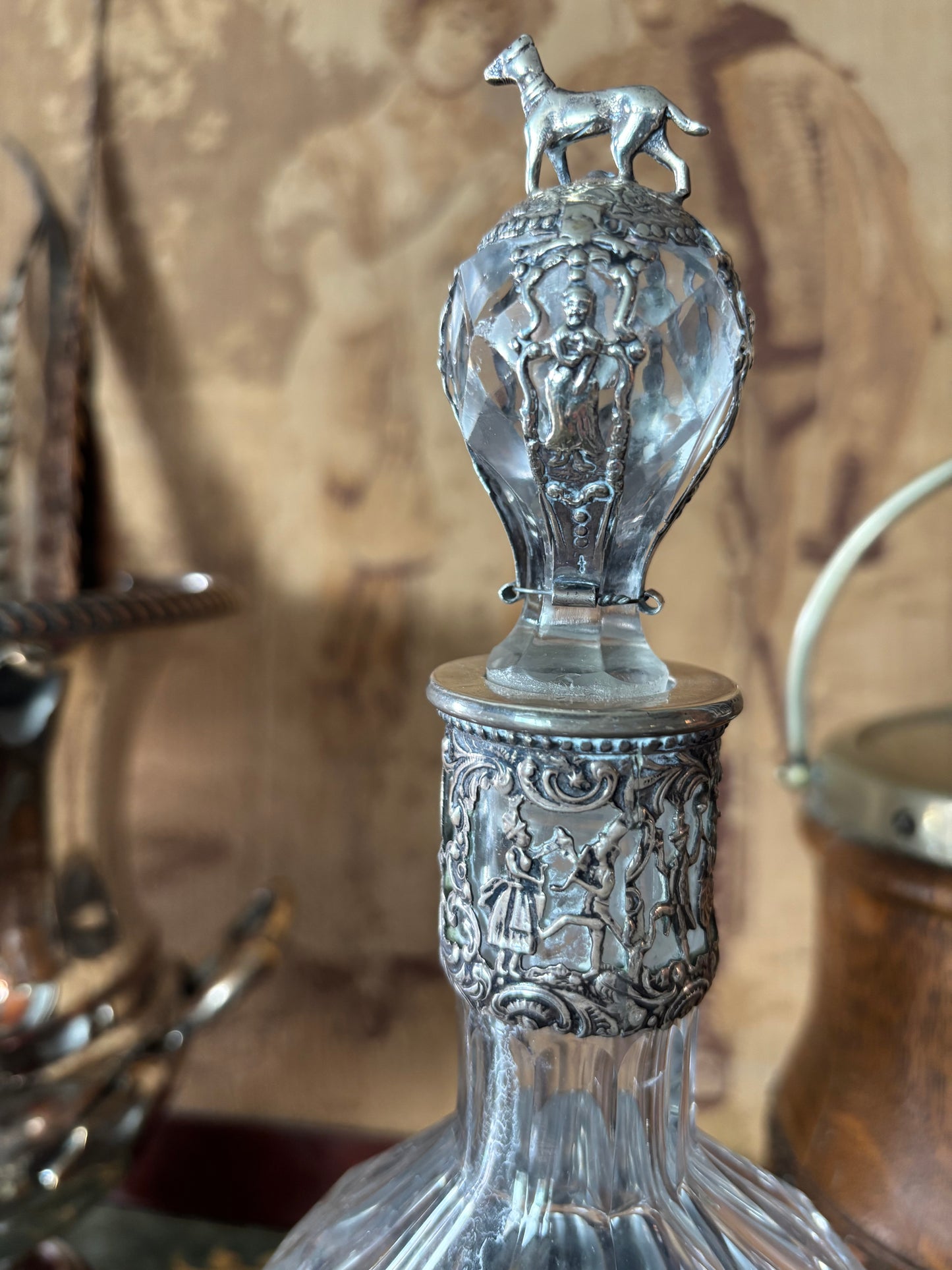 Antique Dutch Crystal & Continental Silver Repousse Dog Decanter