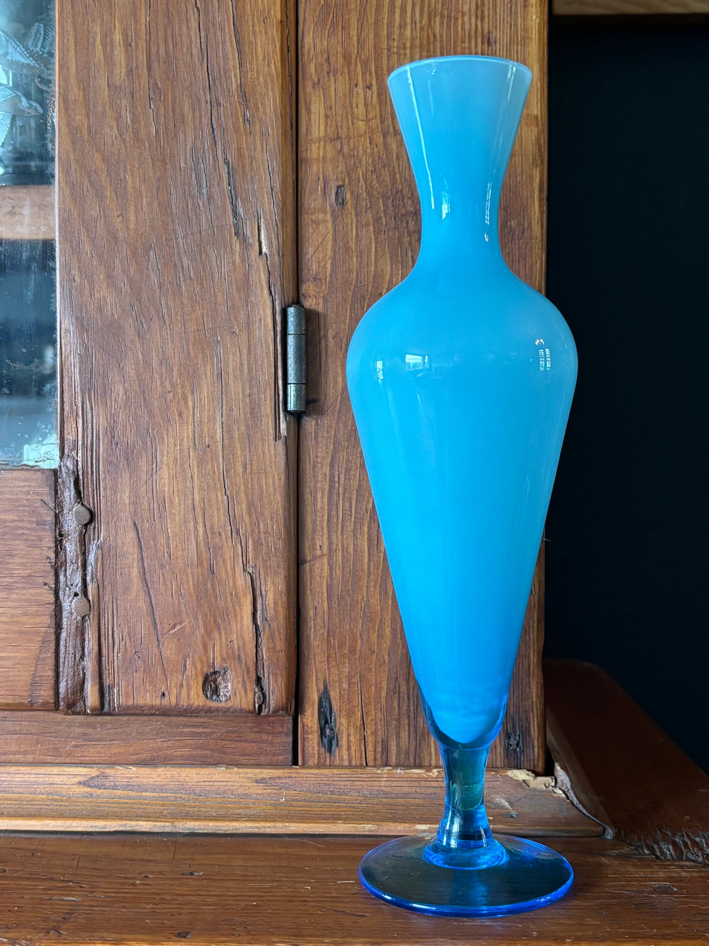 Hand Blown Blue Opaline Glass Stem Vase 10"