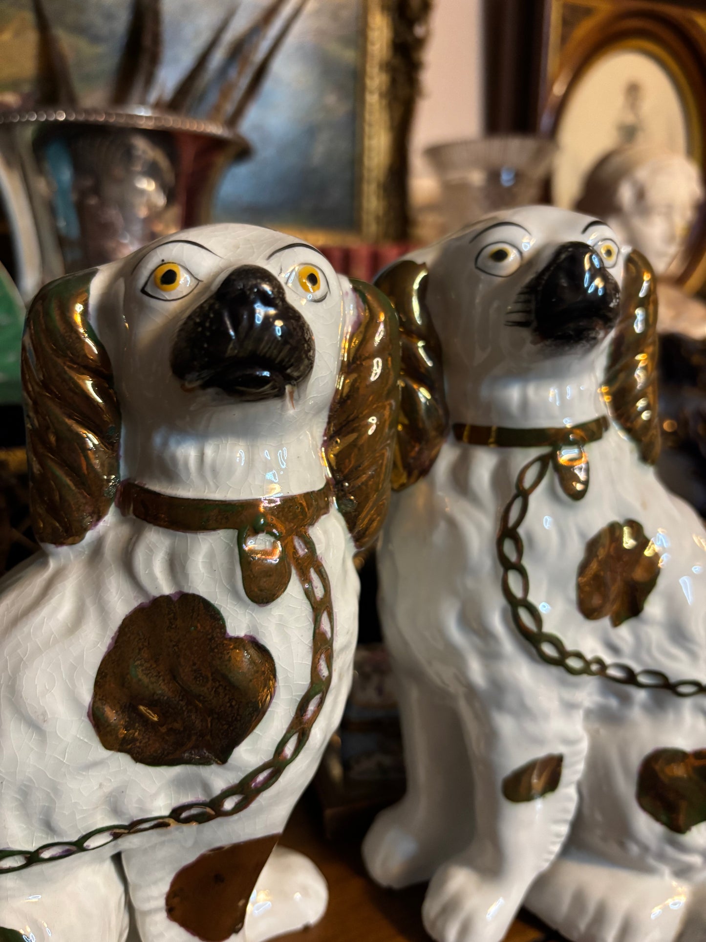 RESERVED Pair of Antique Copper Lustre Staffordshire Spaniels