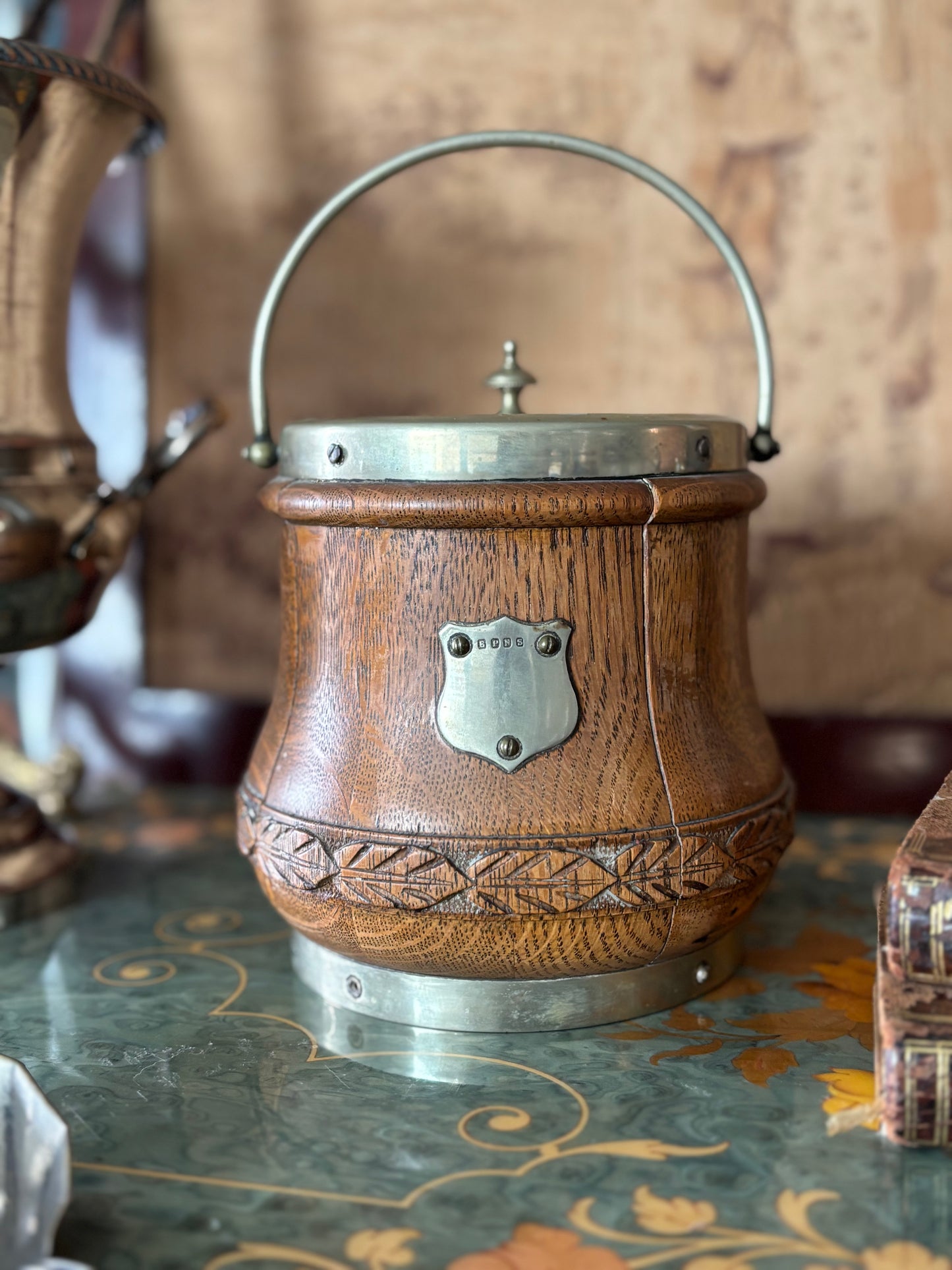 English Oak Silver Biscuit Barrel Ice Bucket