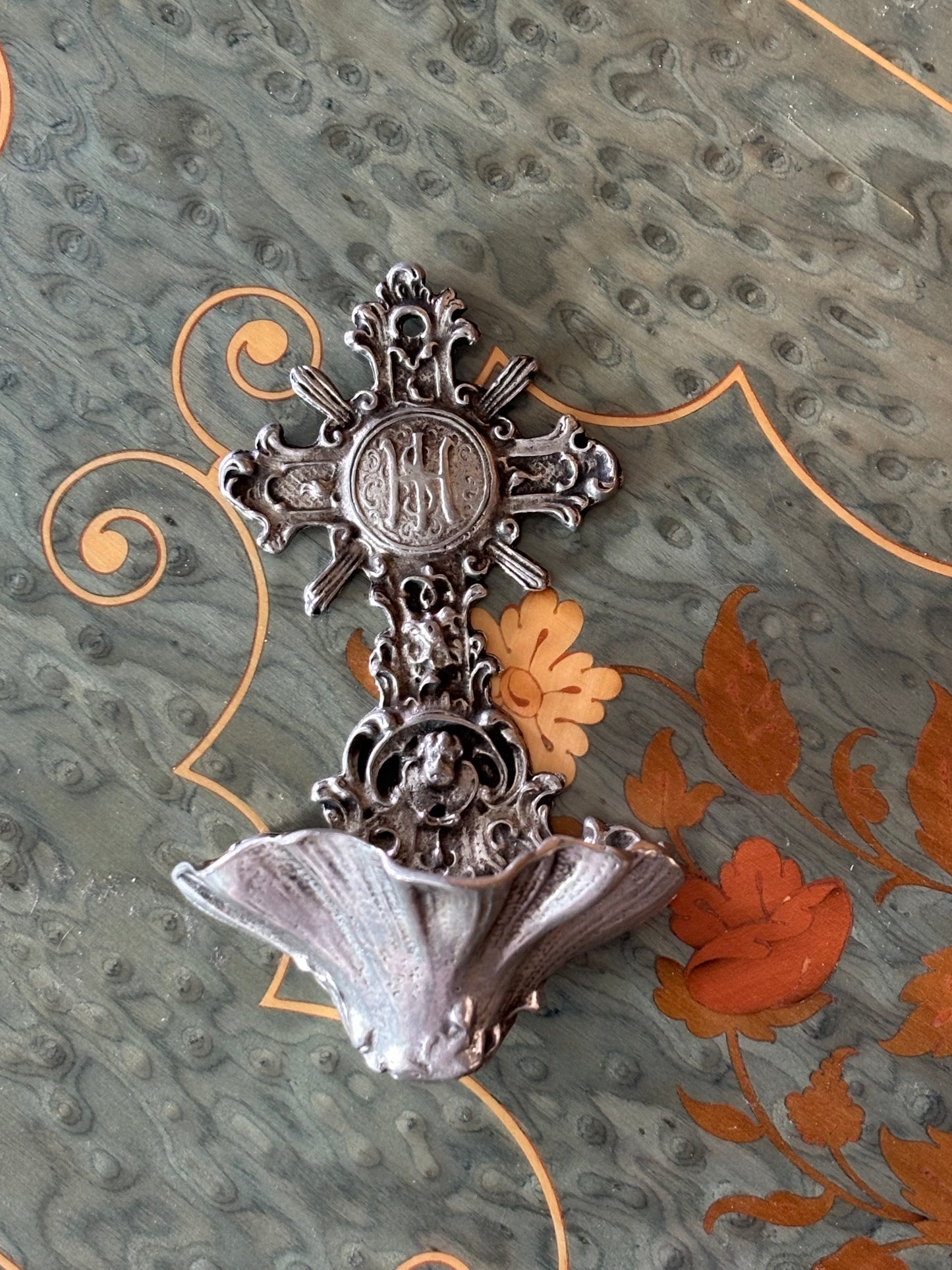 Vintage Pewter Holy Water Font Rococo Style