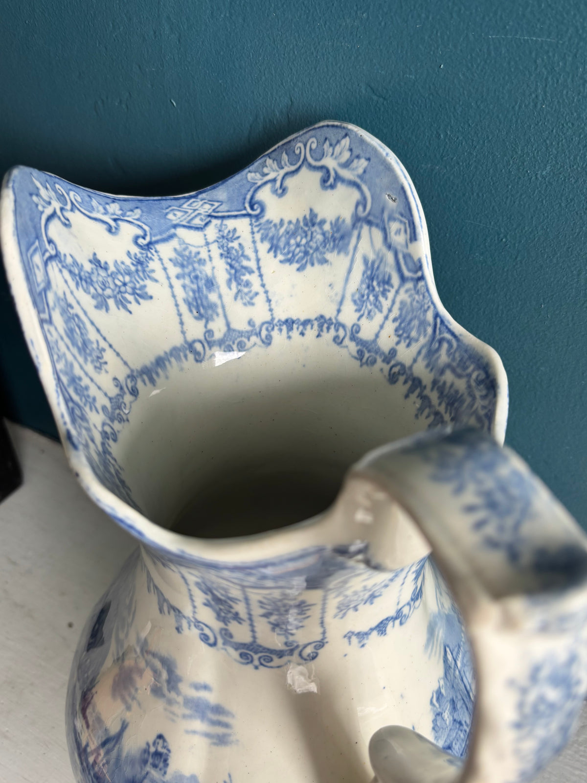 Large & Elegant Blue & White Transferware English Wash Pitcher