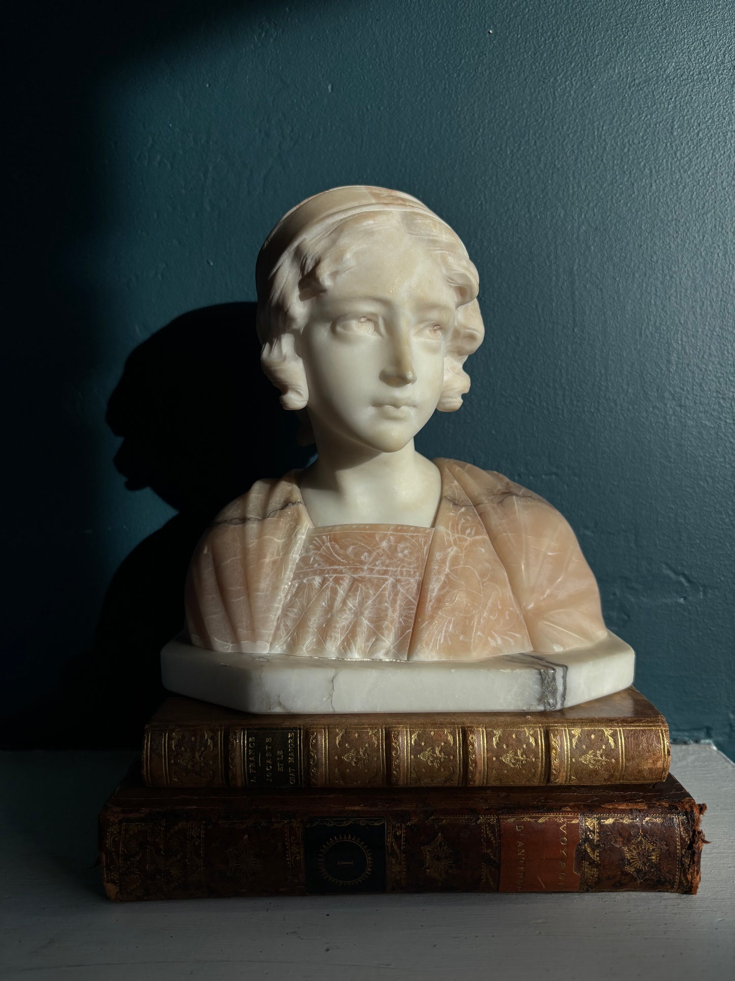 Vintage Signed Italian Carved Alabaster Female Bust Pink & White Sculpture