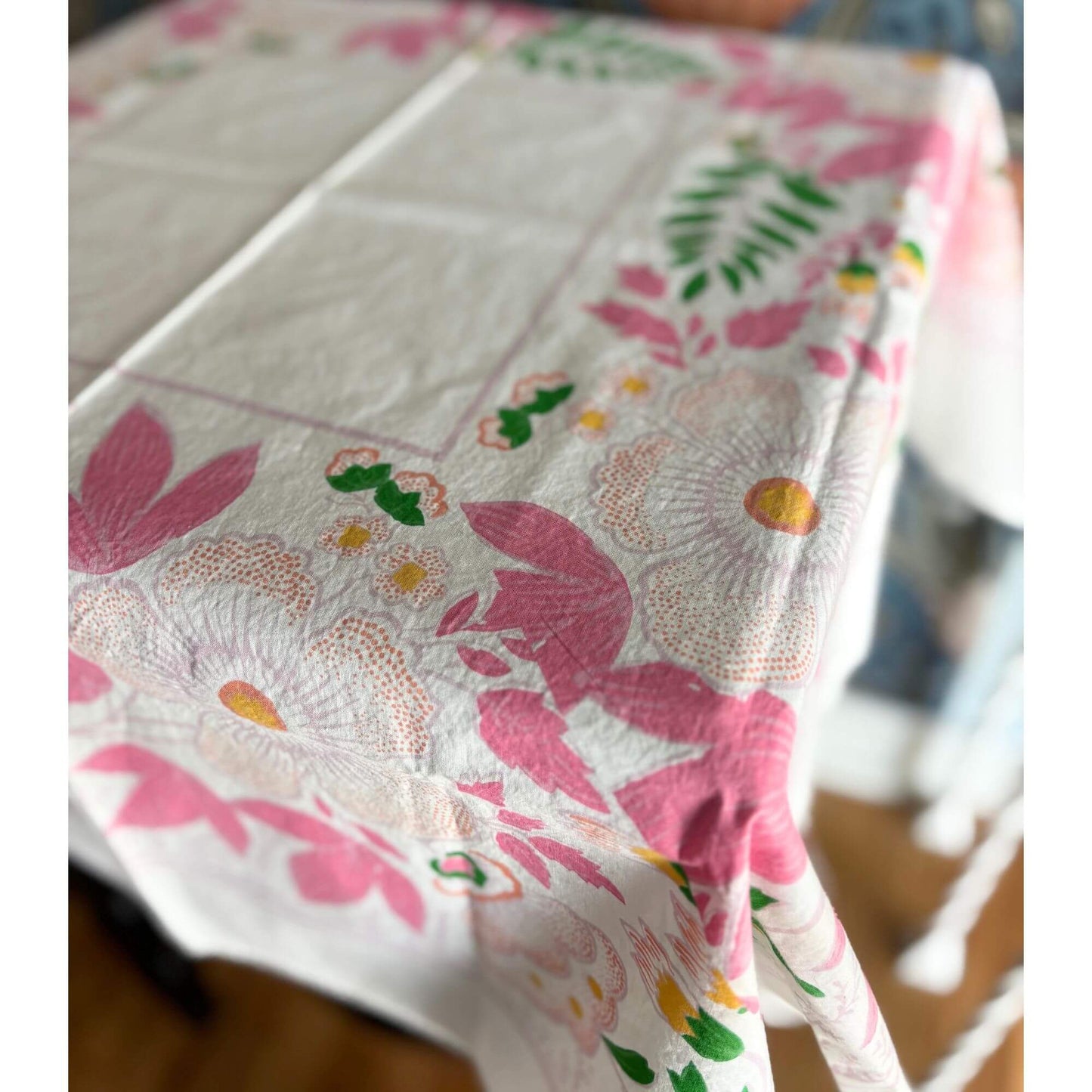 Vintage French Pink Floral Cotton Square Tablecloth by Souleiado 33" x 33" image 4
