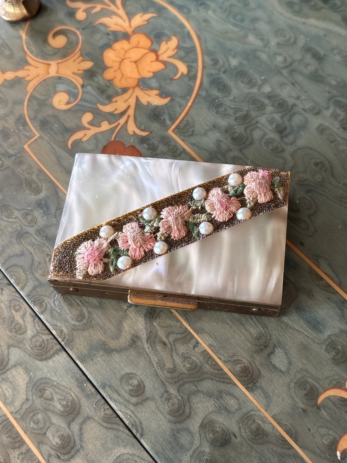 Early vintage Mother of Pearl Embroidered Compact