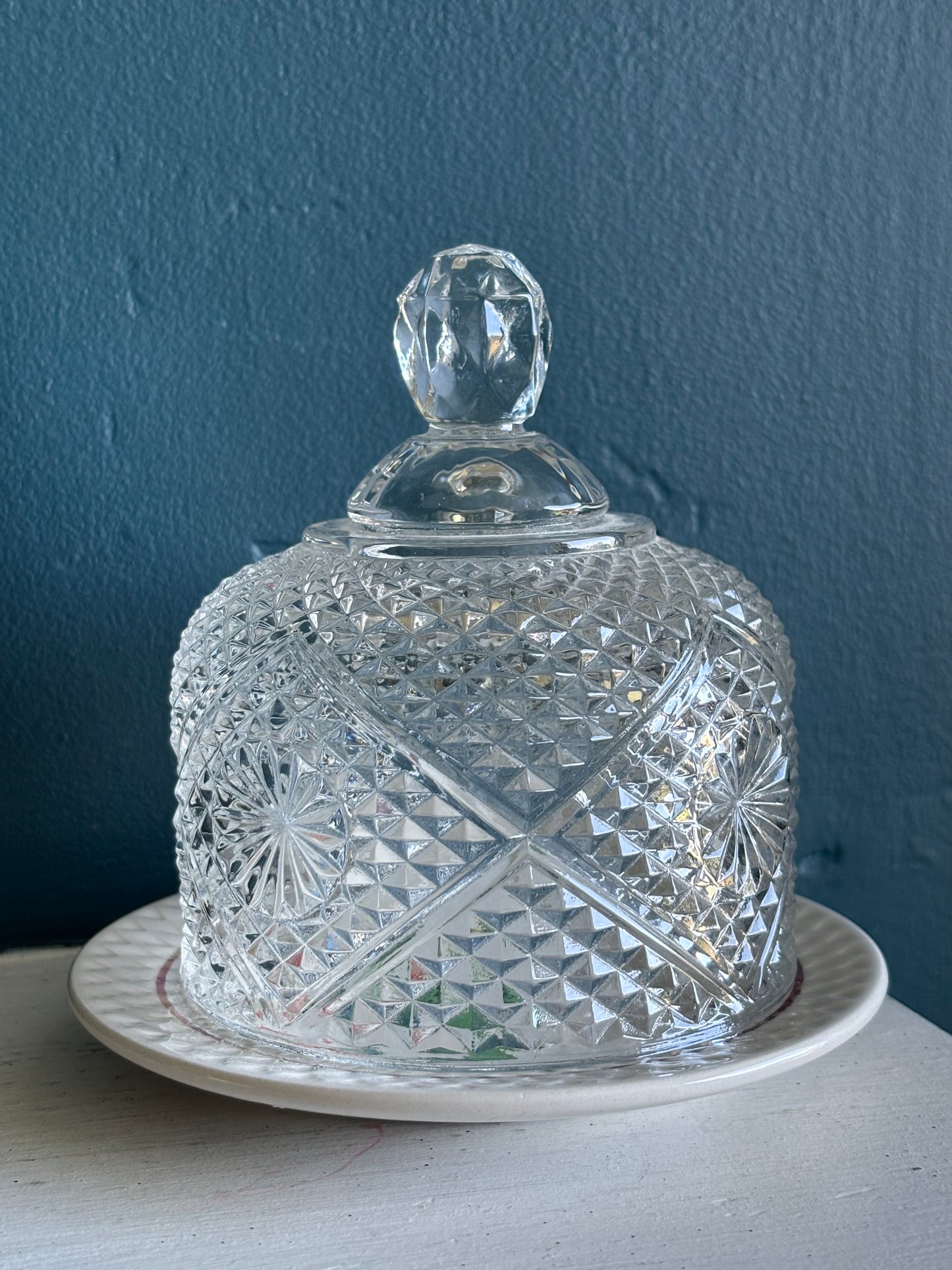 Charming Diamond Cut Glass Butter Cloche w/ Foral Plate