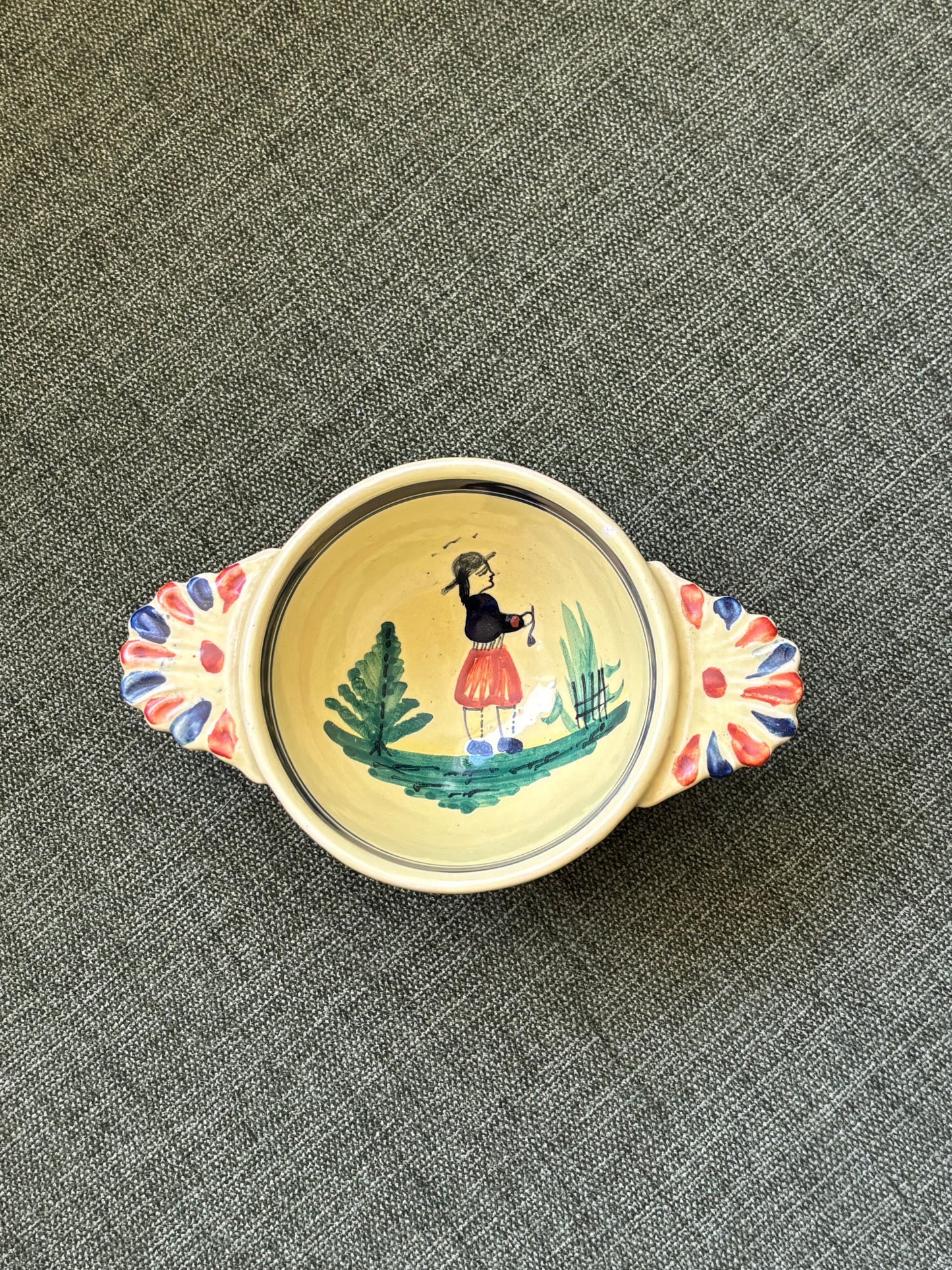 Vintage Hand Painted French Faience Quimper Lug Handled Bowl
