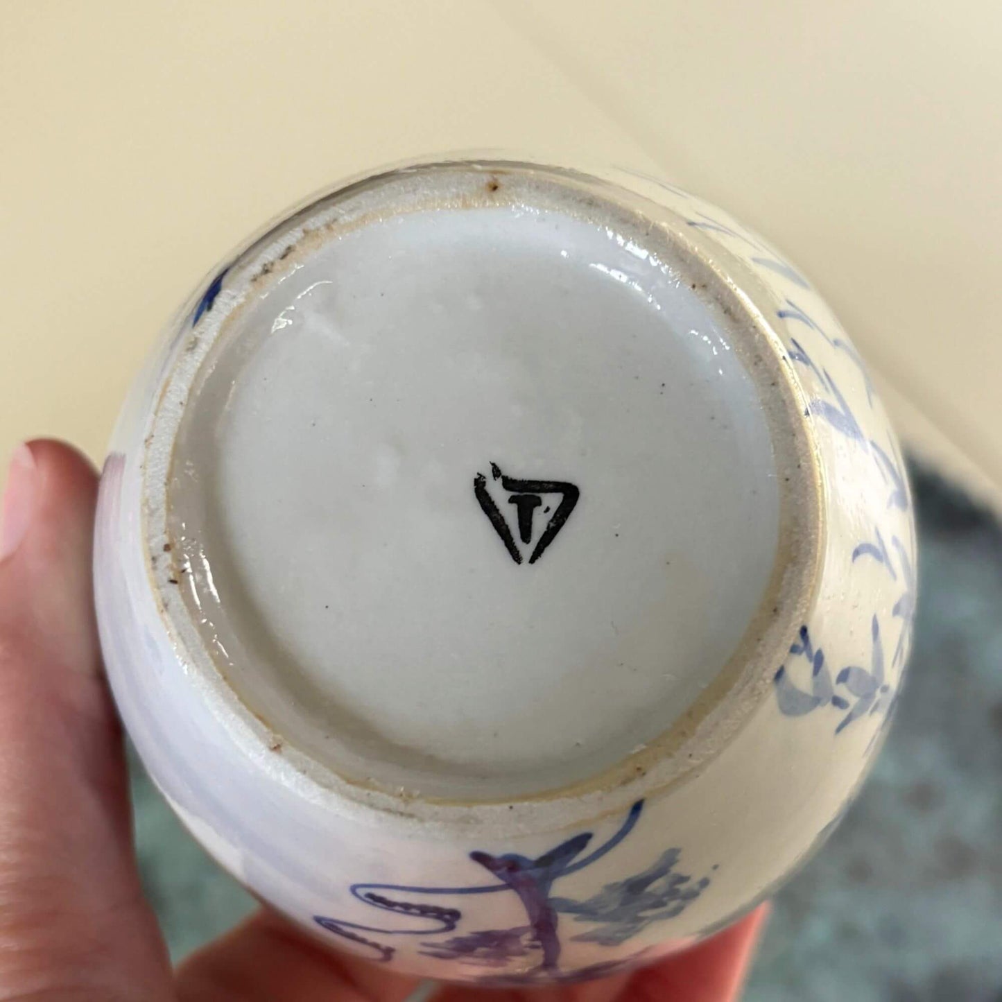Vintage Blue & White Porcelain Bulbous Jar with Stopper image 4
