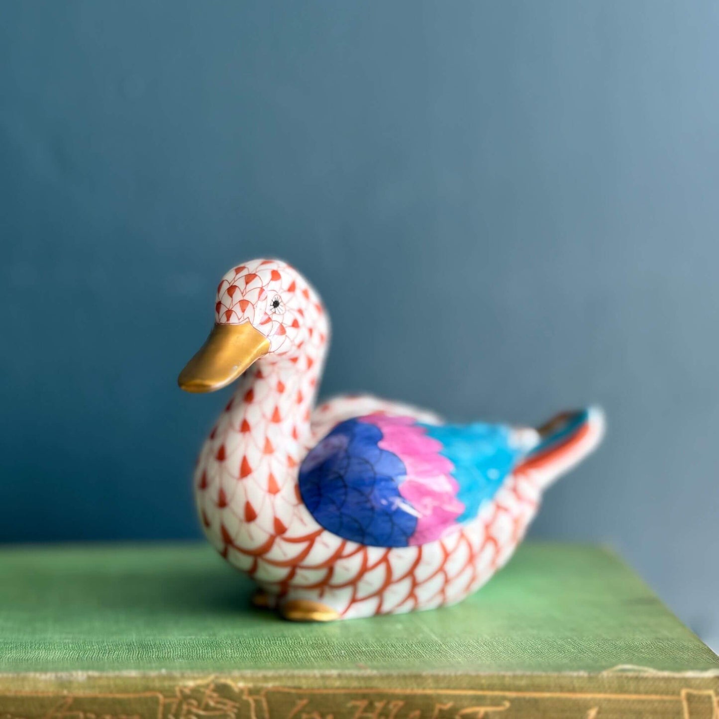 Herend Rust Orange fishnet Baby & Mama Duck Figurine image 1