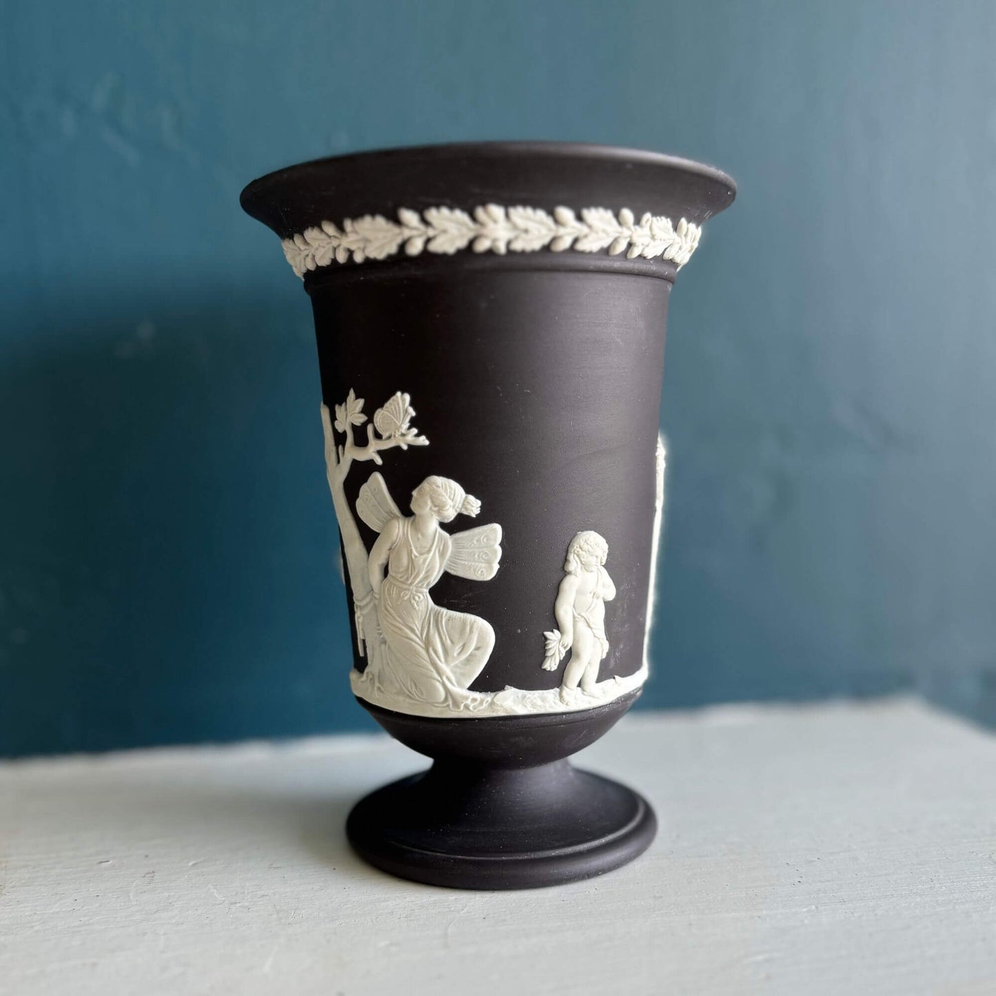 Vintage Black Wedgwood Jasperware Trumpet Vase image 1