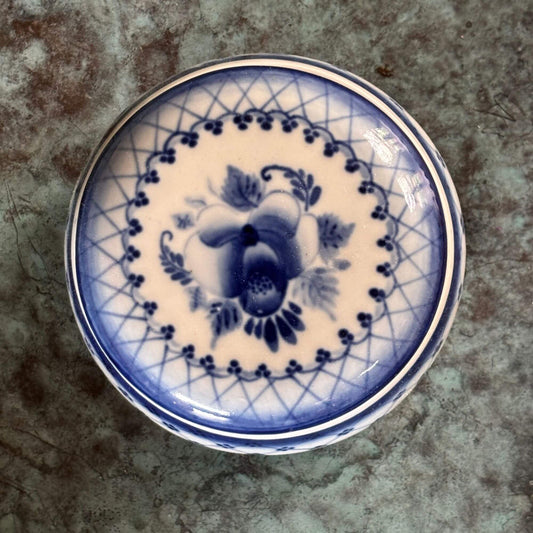 Vintage Russian Blue & White Porcelain Lidded Jar image 0