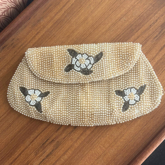 Vintage Cream Colored Floral Beaded Evening Clutch Purse image 0