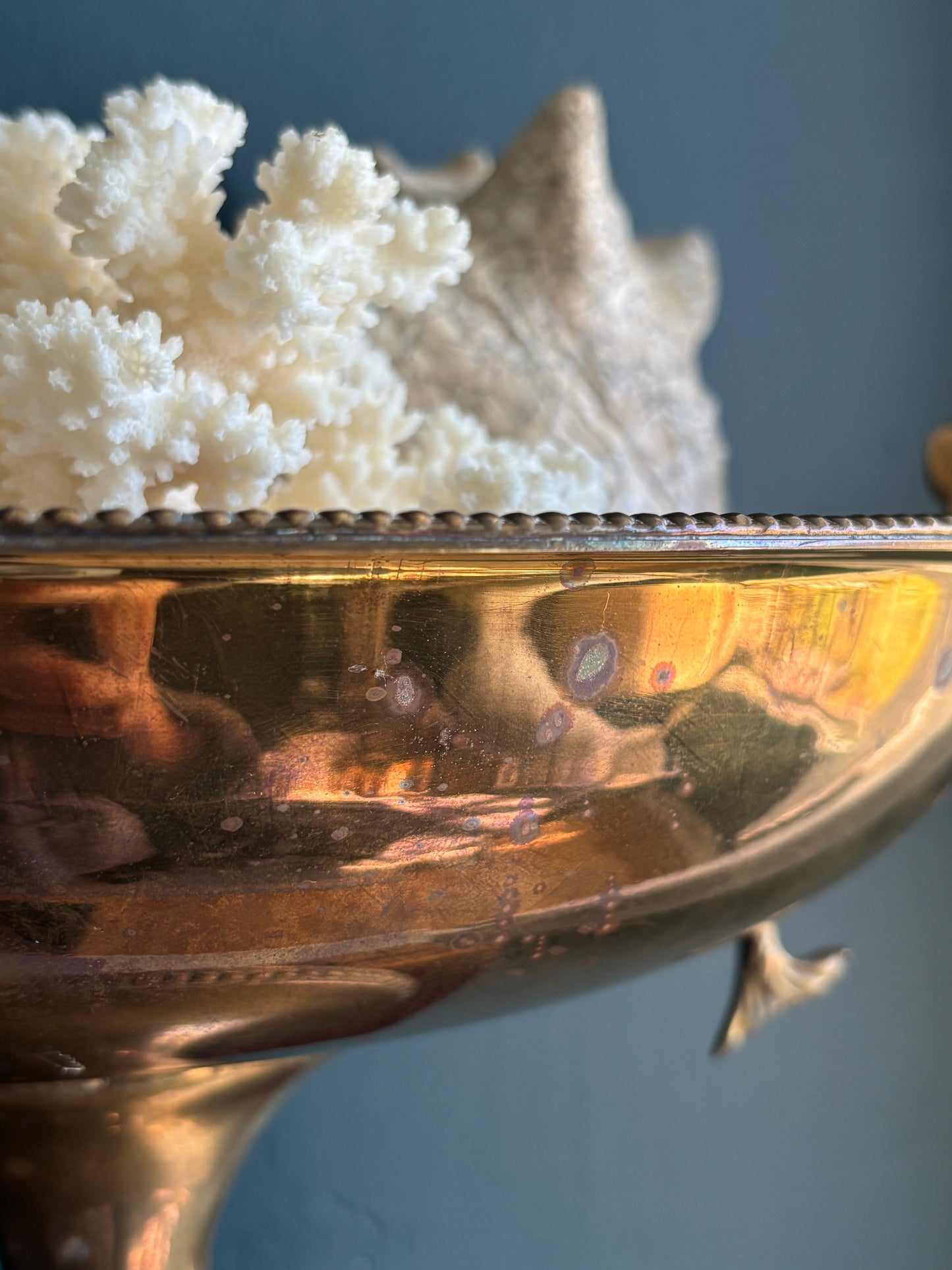 Vintage Large Brass Pedestal Compote Bowl Koi Fish Handles