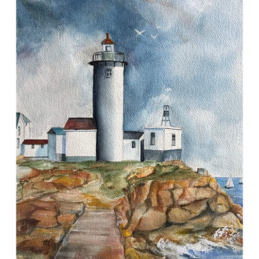 Vintage Original Signed Watercolor Lighthouse Beach Vibes image 0
