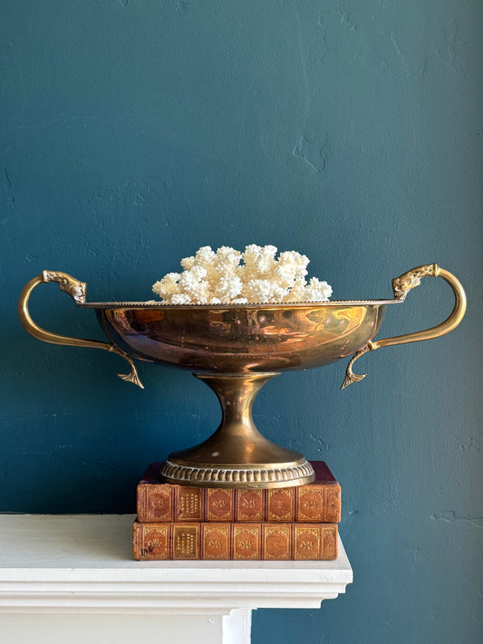 Vintage Large Brass Pedestal Compote Bowl Koi Fish Handles