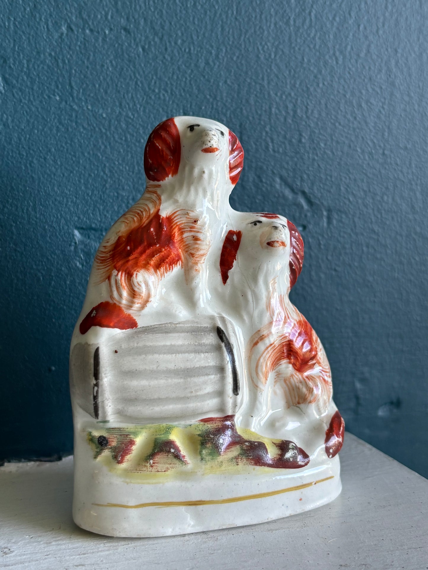 Antique Flatback Staffordshire Spaniel Dogs On Barrel Figurine