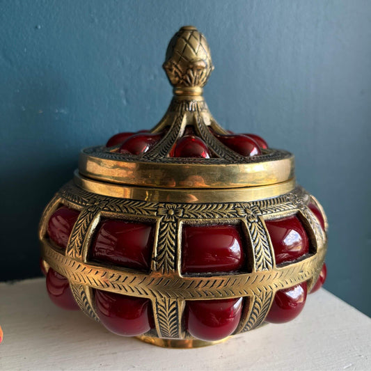 Stunning Vintage Ruby Red Bubble Glass Brass Jar image 0