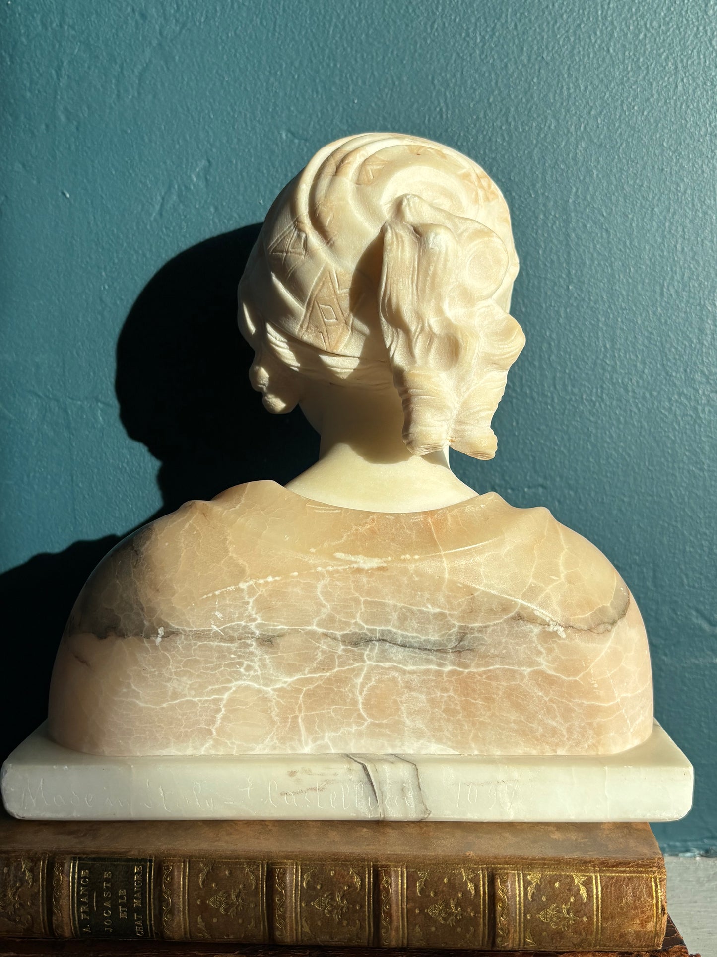 Vintage Signed Italian Carved Alabaster Female Bust Pink & White Sculpture