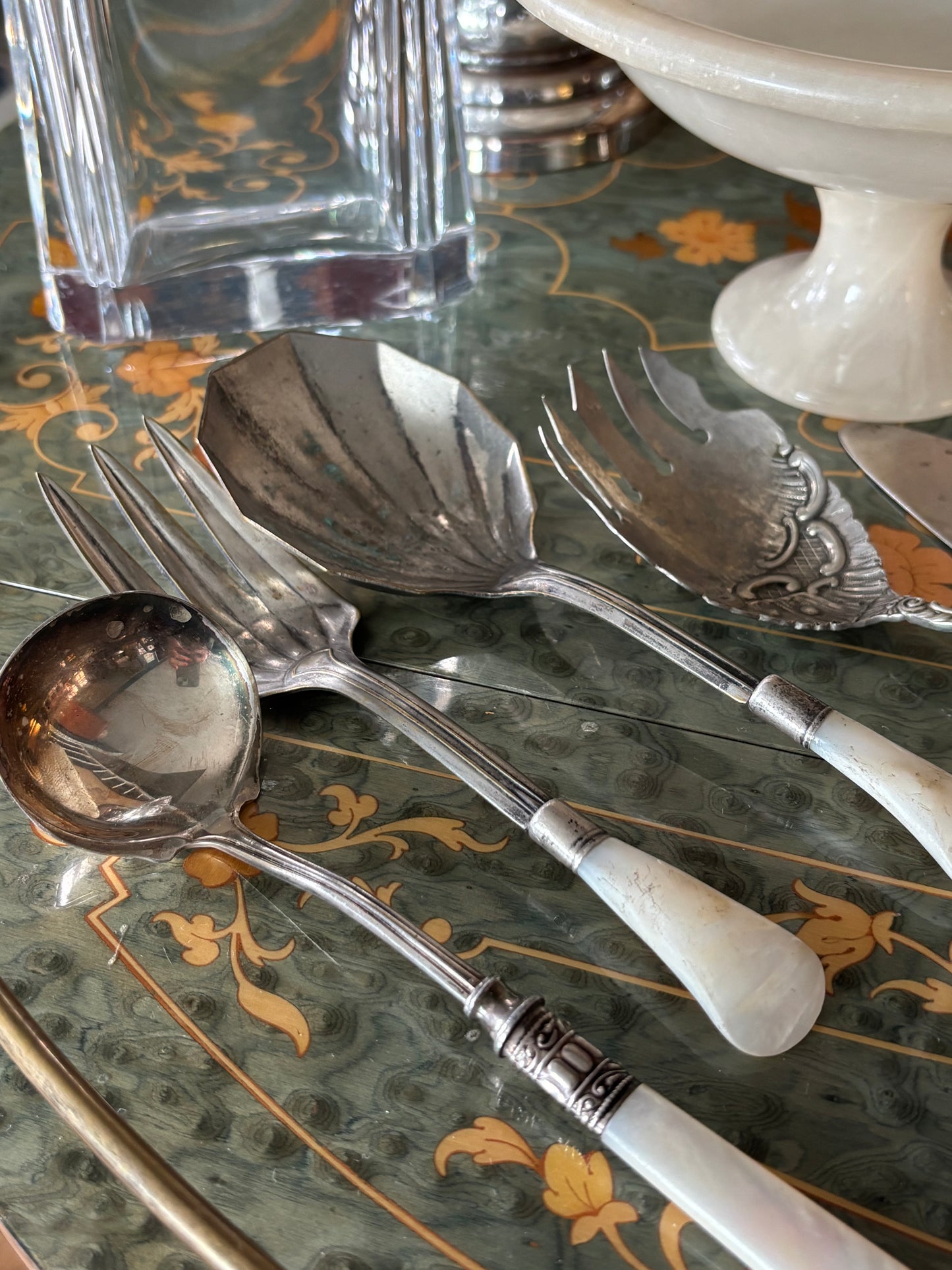 Antique Mother of Pearl Sterling Servingware Dining Utensils Set of 5