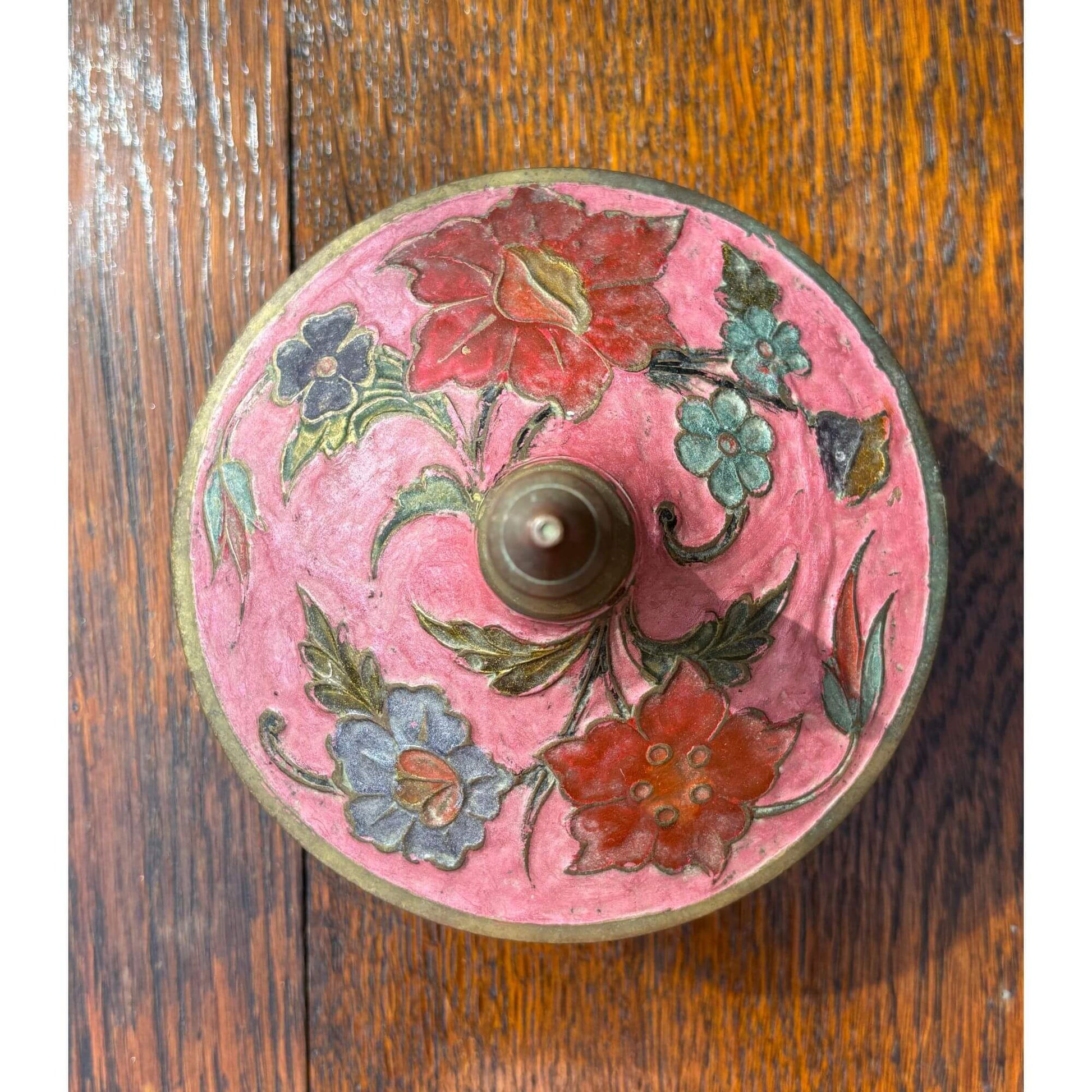 Vintage Enamel Brass Jar Pinks & Reds image 1