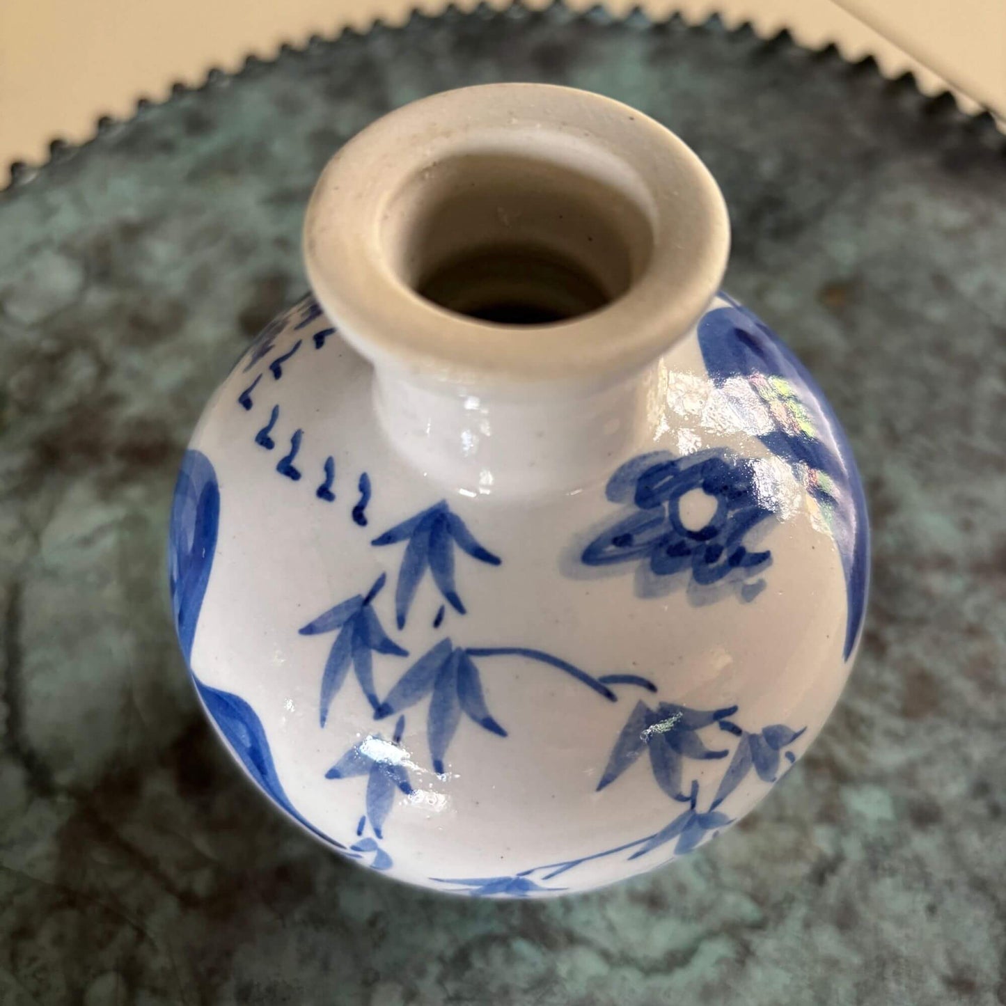 Vintage Blue & White Porcelain Bulbous Jar with Stopper image 3