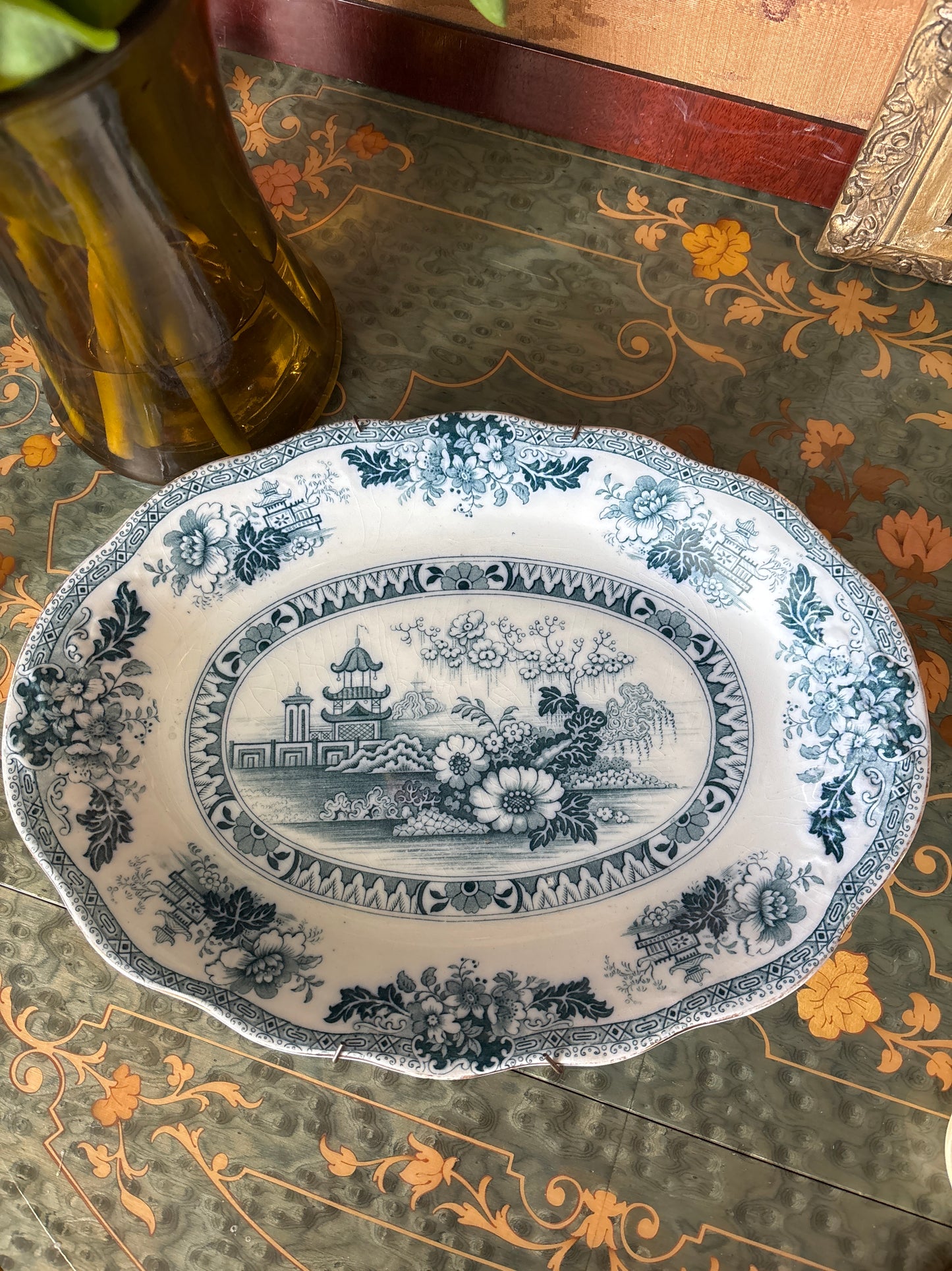 Antique Chinoiserie Royal Staffordshire Blue/Teal Transferware Platter
