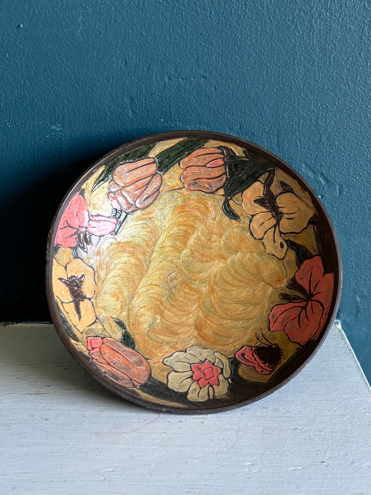 Vintage Brass & Enamel Pedestal Bowl w/ Yellow Pink & Orange Florals