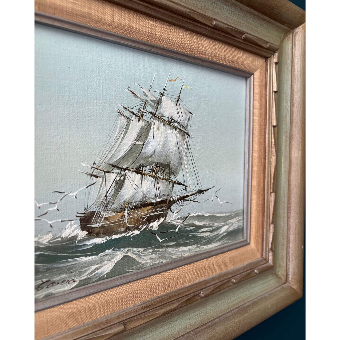 Vintage Coastal Clipper Ship Signed Painting Wooden Frame 17x15 image 3