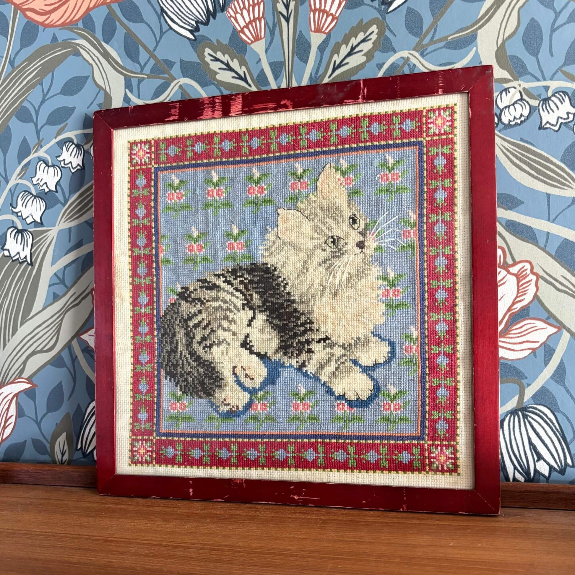 Adorable Vintage Cat Needlepoint Framed under Glass image 1