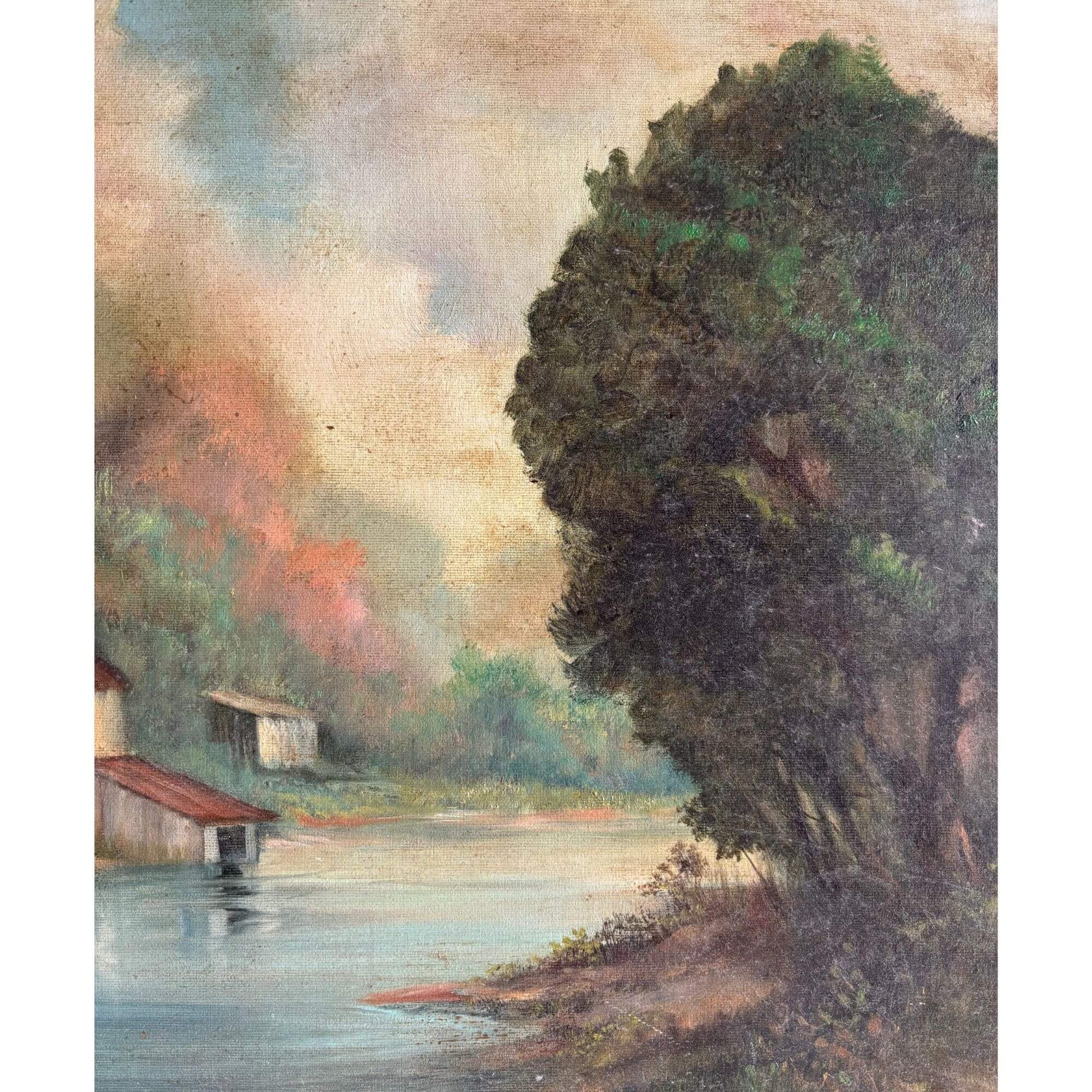Vintage Signed Riverbank Country Oil Painting 24x18 image 4