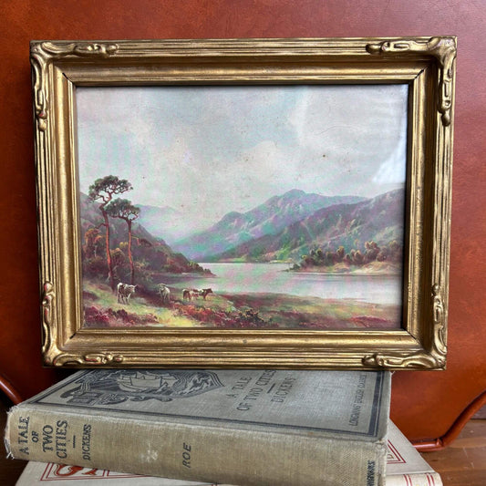 Vintage Pastoral Print with Gilded Frame Cows & River image 0