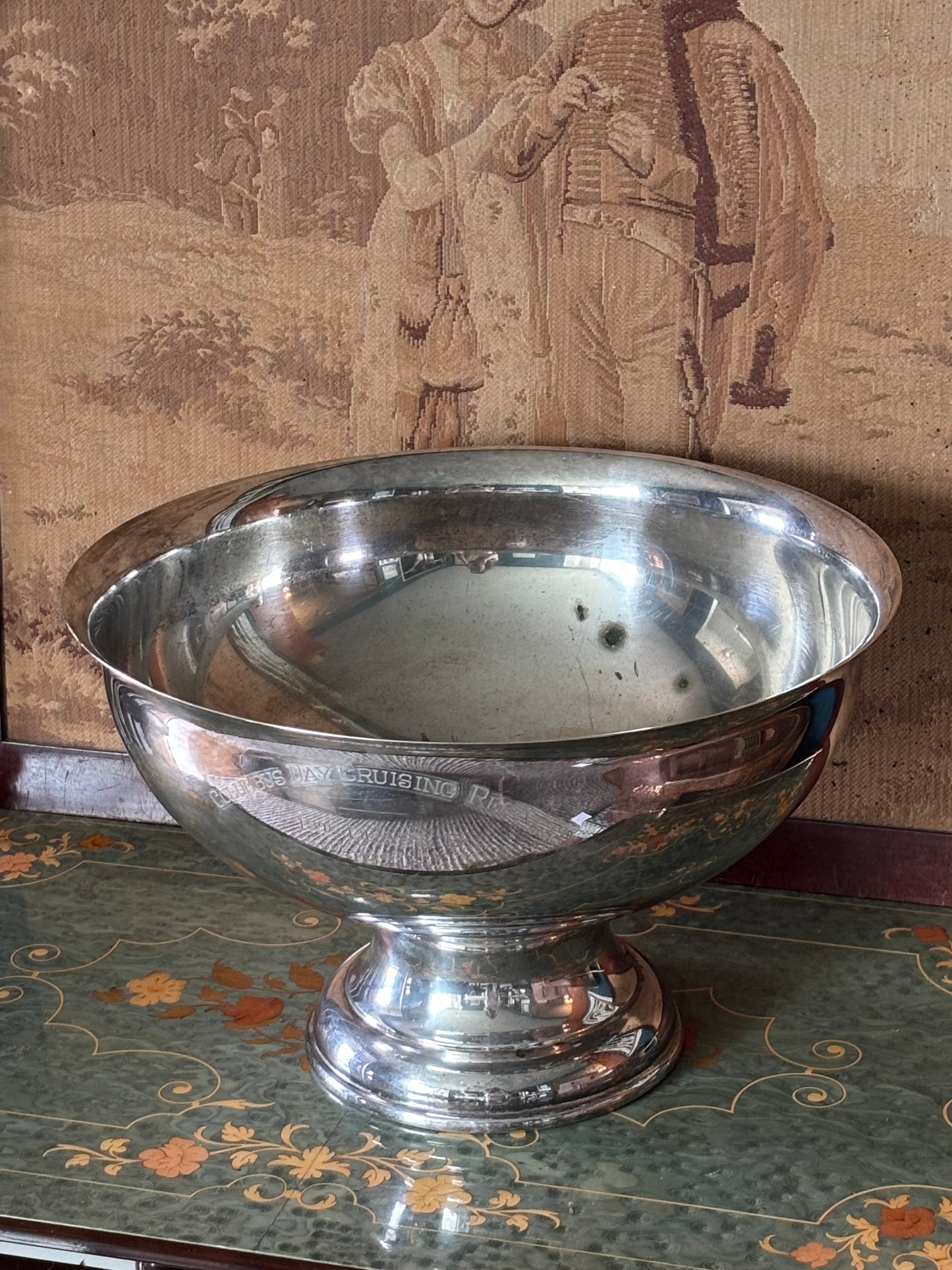 Vintage XL Paul Revere Style Silver Centerpiece Footed Bowl Regatta Engraving