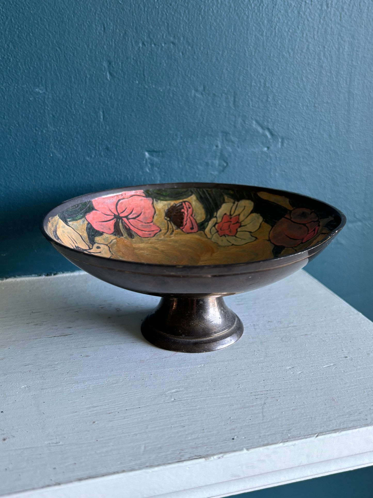 Vintage Brass & Enamel Pedestal Bowl w/ Yellow Pink & Orange Florals
