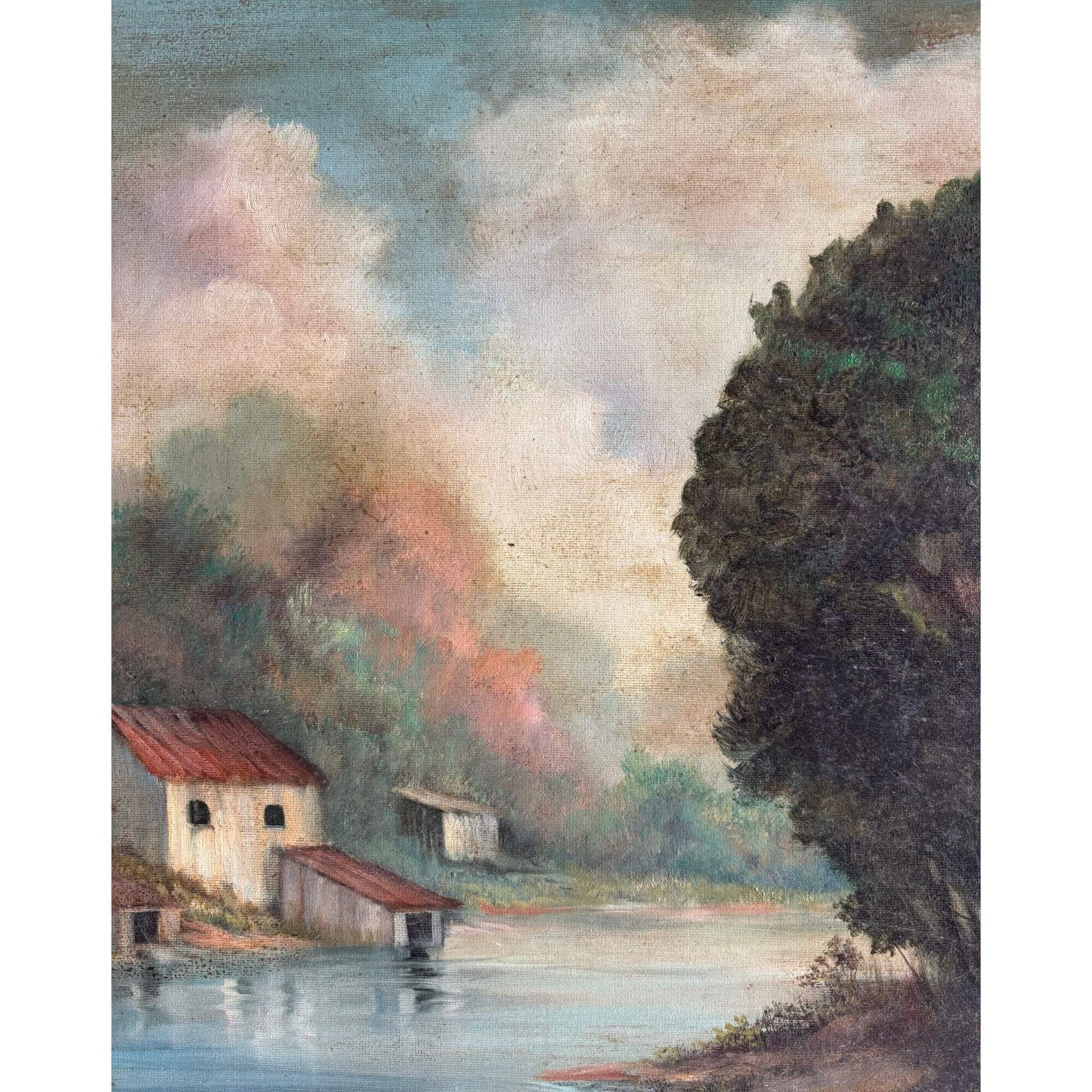 Vintage Signed Riverbank Country Oil Painting 24x18 image 2