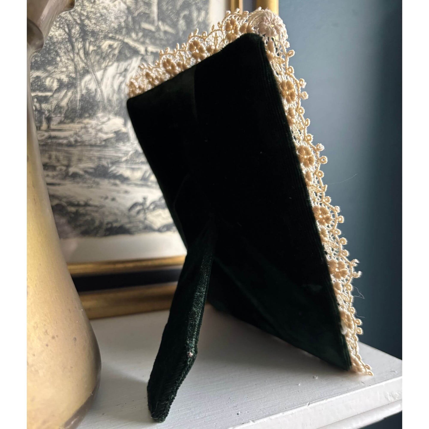 Vintage Green Velvet Lace Cameo Pin Cushion Frame image 2