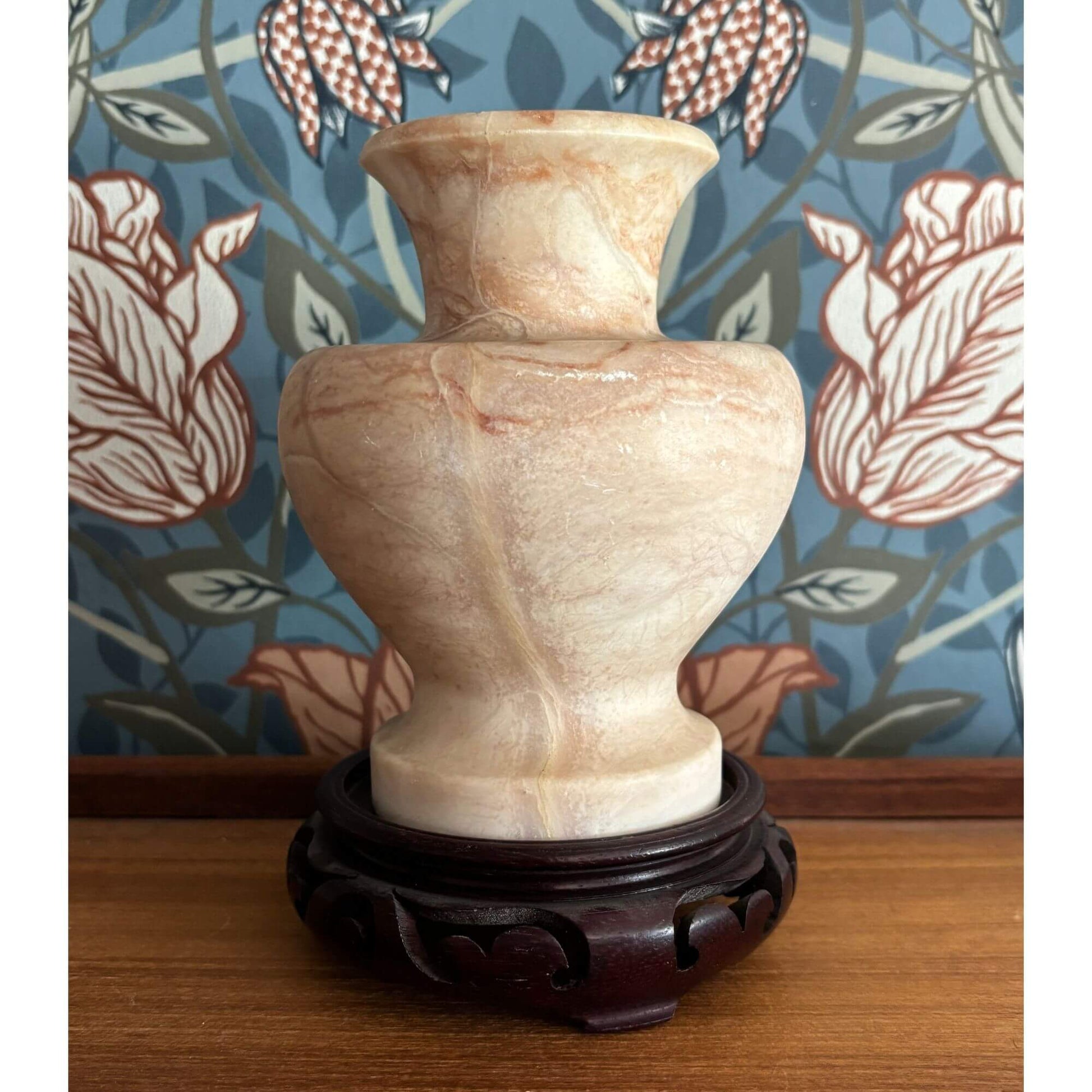 Vintage Soft Beige/Pink Alabaster Vase w/ Wooden Riser image 5