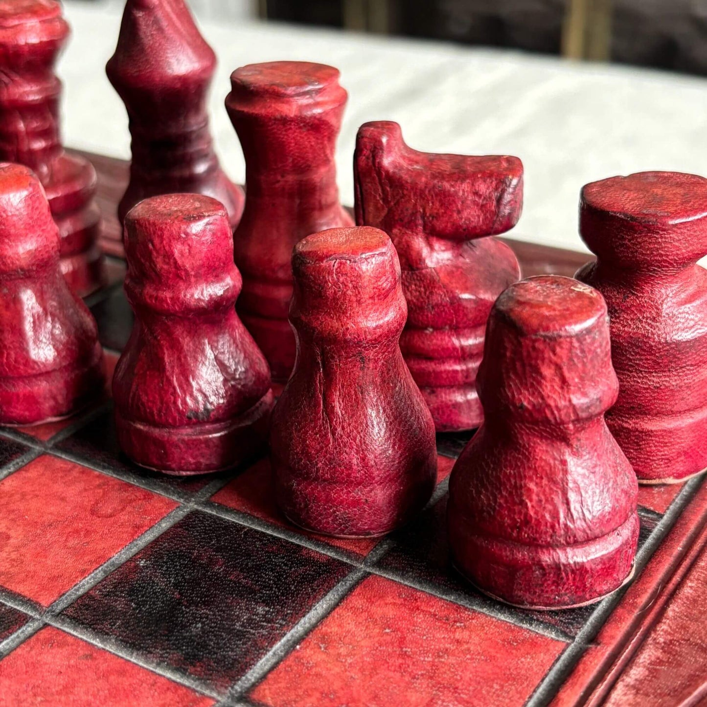 Vintage Hand Tooled Leather Chess Set Burgundy & Black image 2