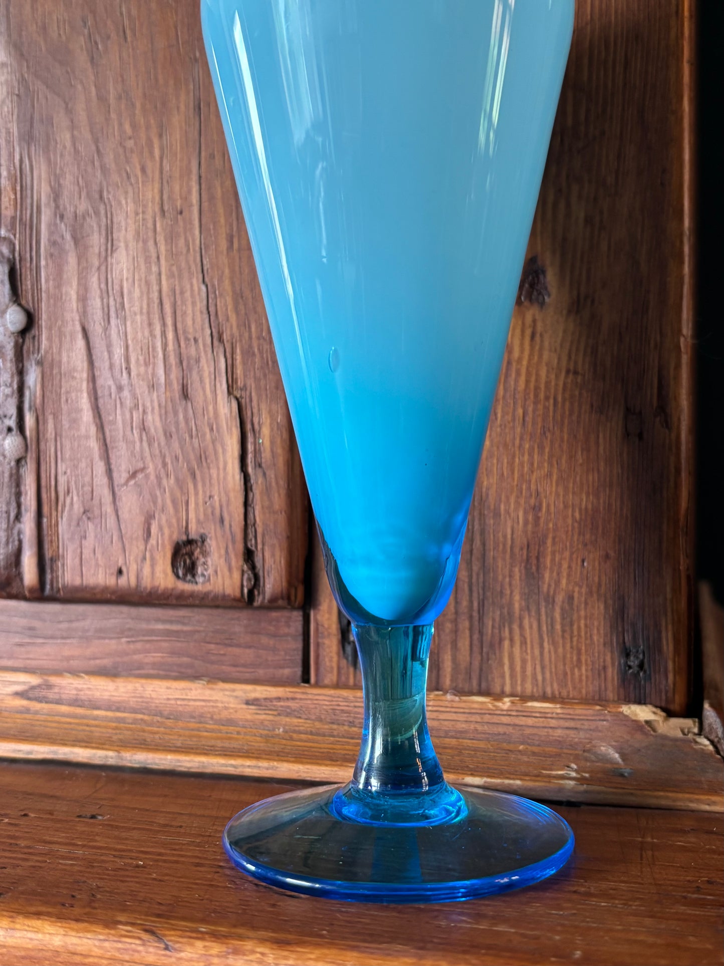 Hand Blown Blue Opaline Glass Stem Vase 10"