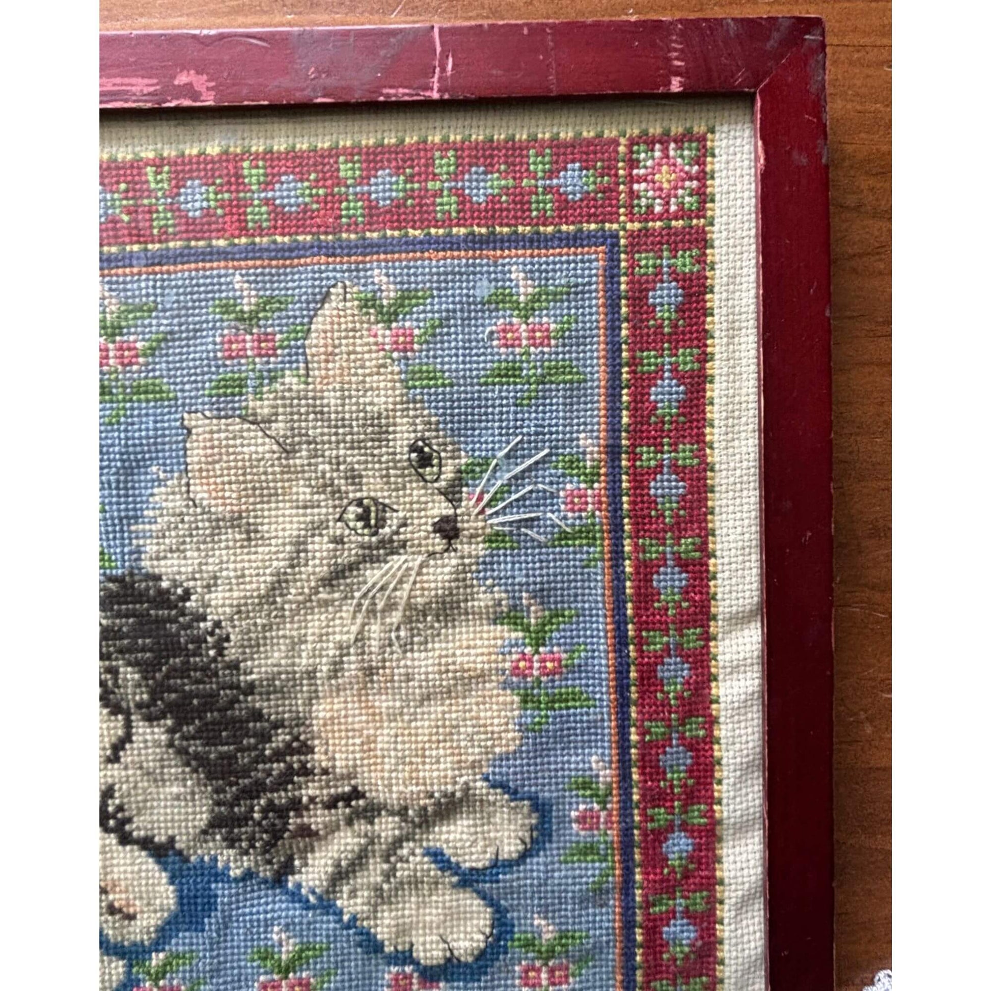 Adorable Vintage Cat Needlepoint Framed under Glass image 4