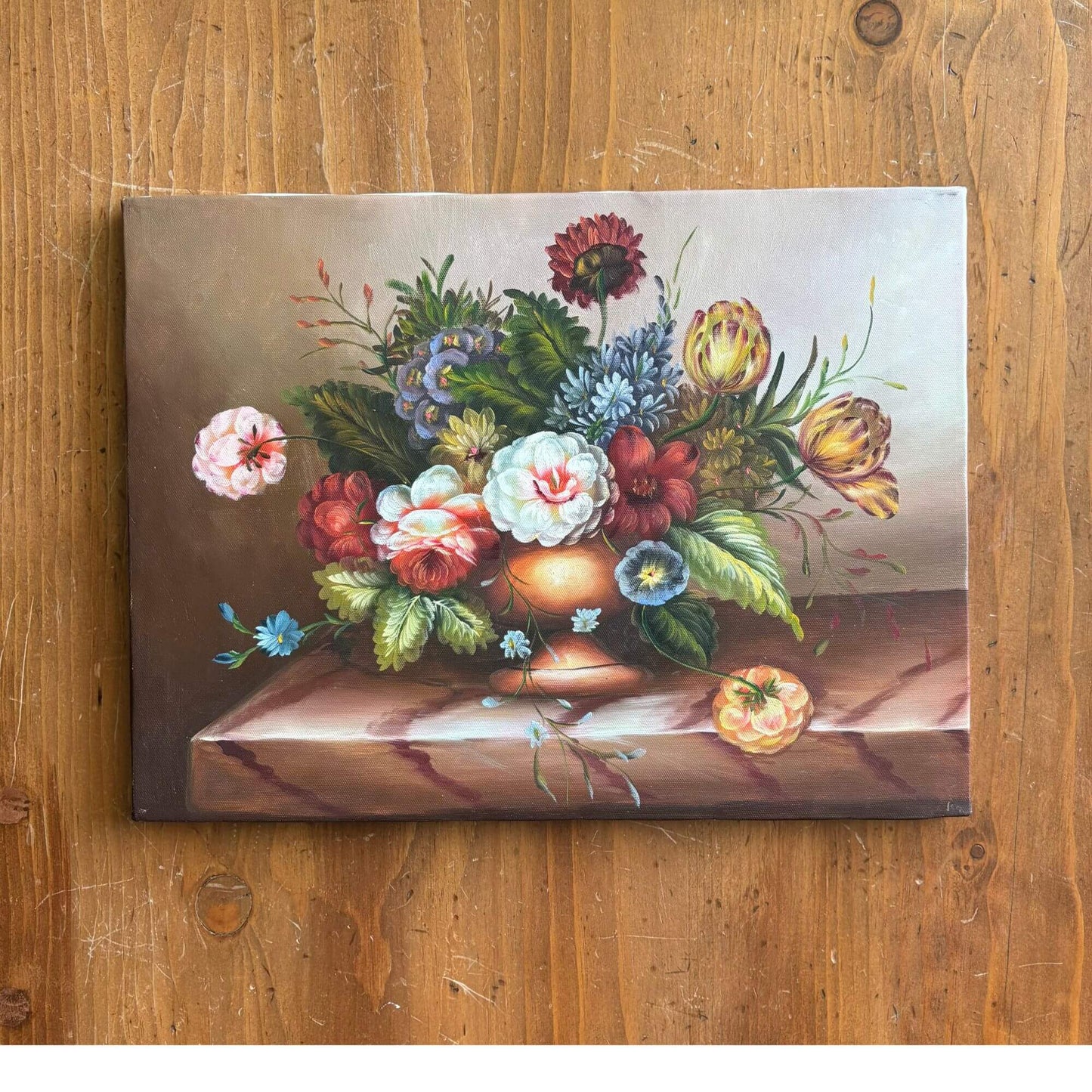 Still Life Floral on Canvas in Copper Vase Oil Painting 16x12 image 1
