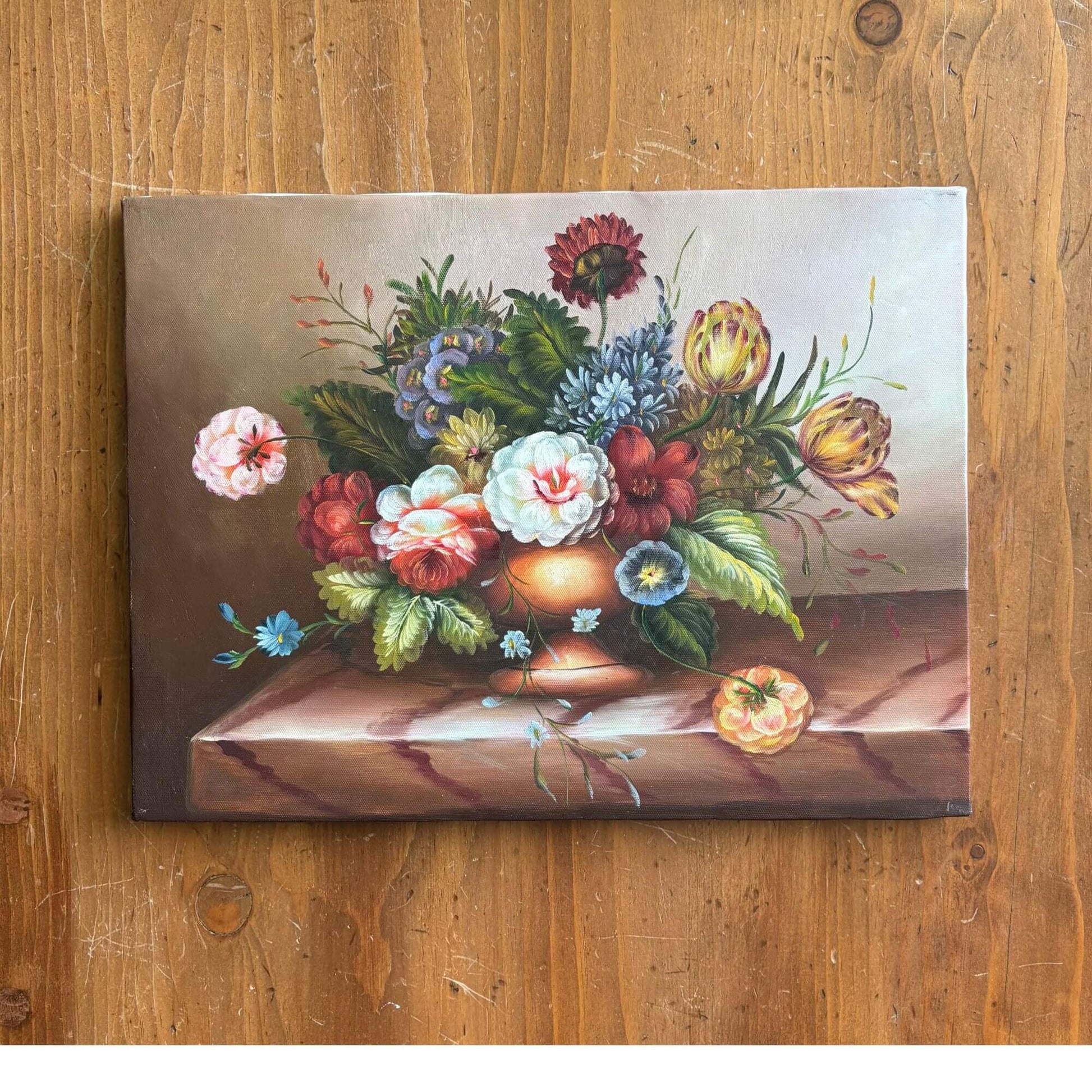 Still Life Floral on Canvas in Copper Vase Oil Painting 16x12 image 1