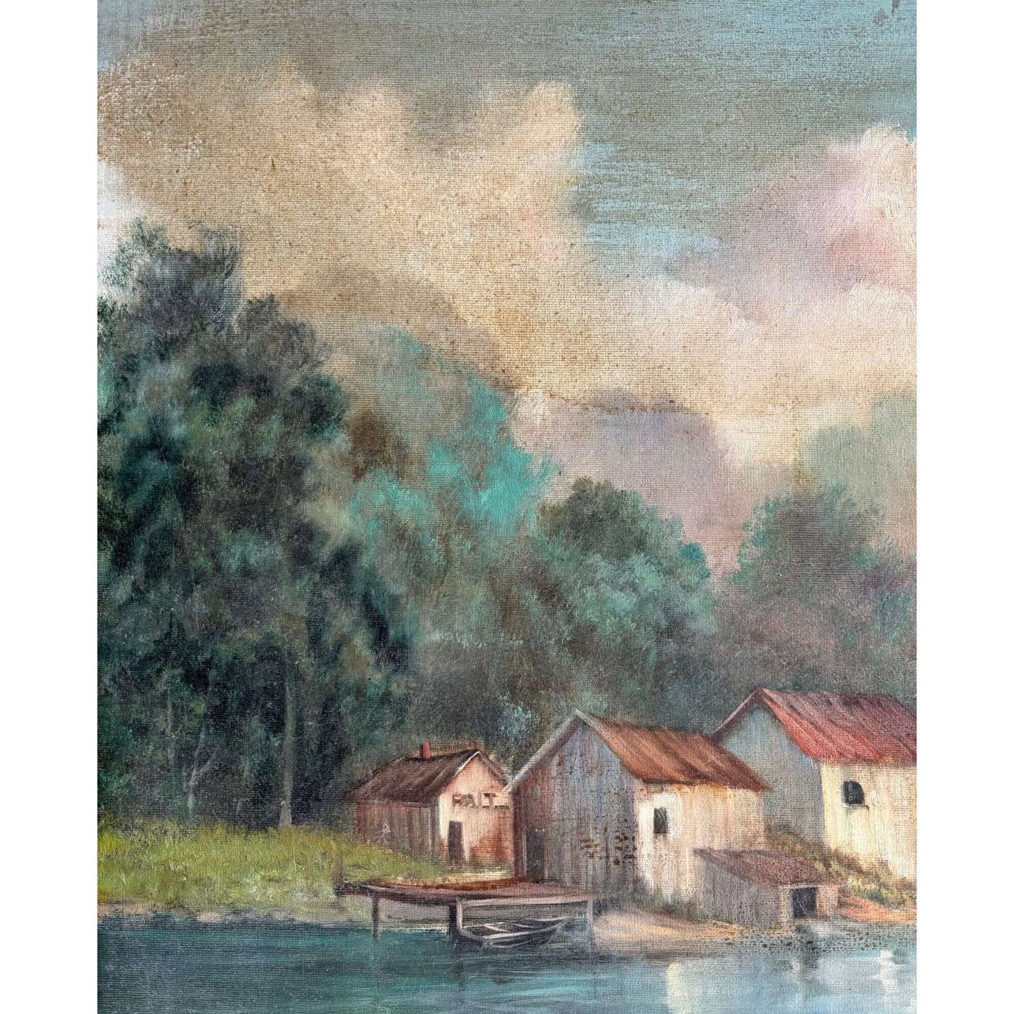 Vintage Signed Riverbank Country Oil Painting 24x18 image 1