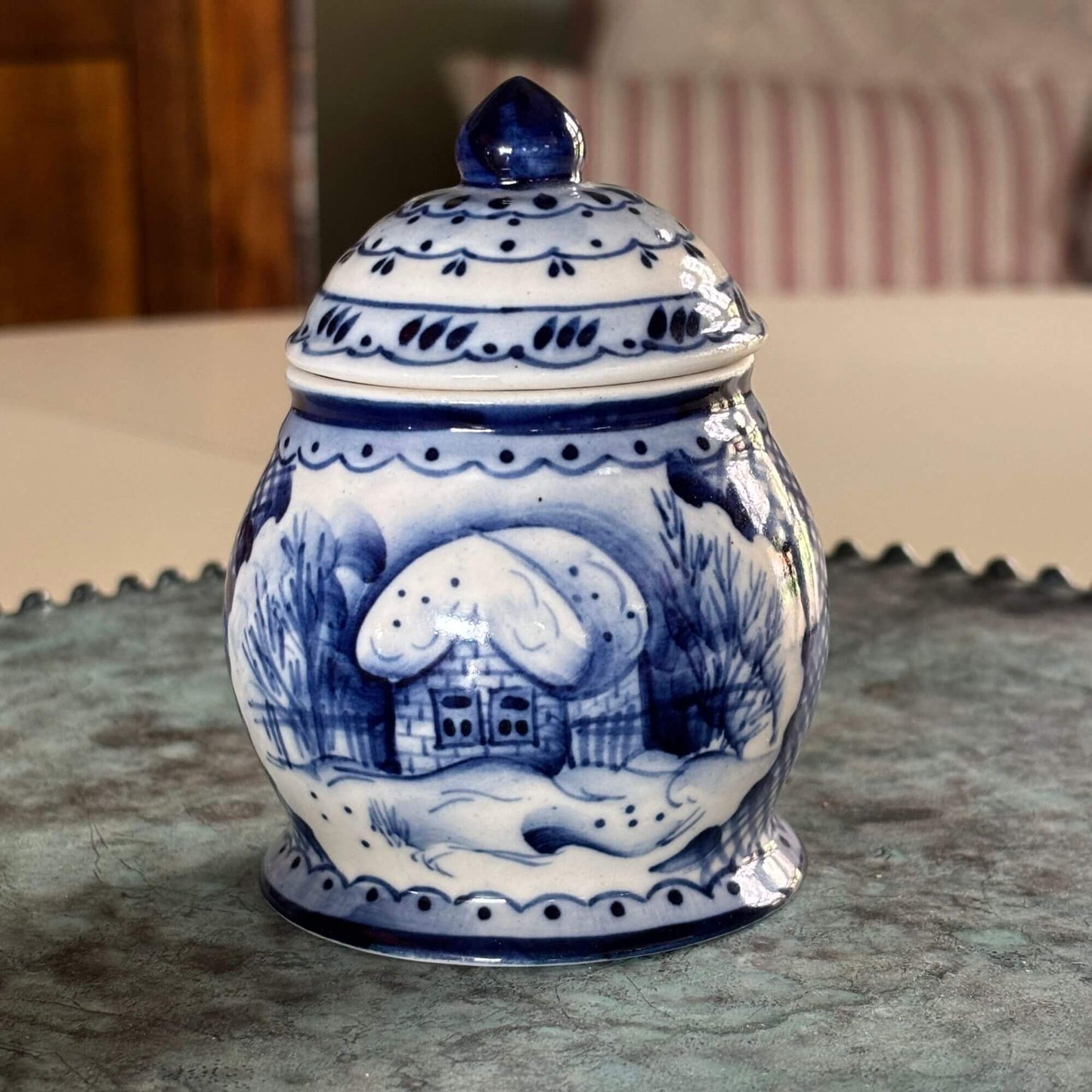 Vintage Russian Blue & White Jar with Snowy House image 0