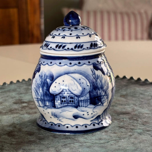 Vintage Russian Blue & White Jar with Snowy House image 0