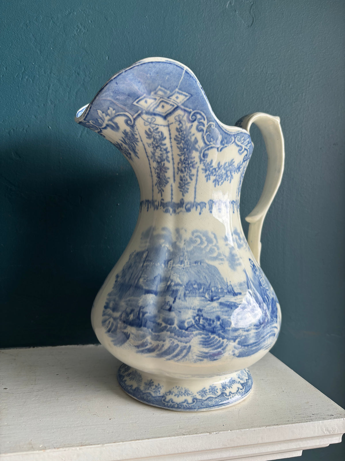 Large & Elegant Blue & White Transferware English Wash Pitcher