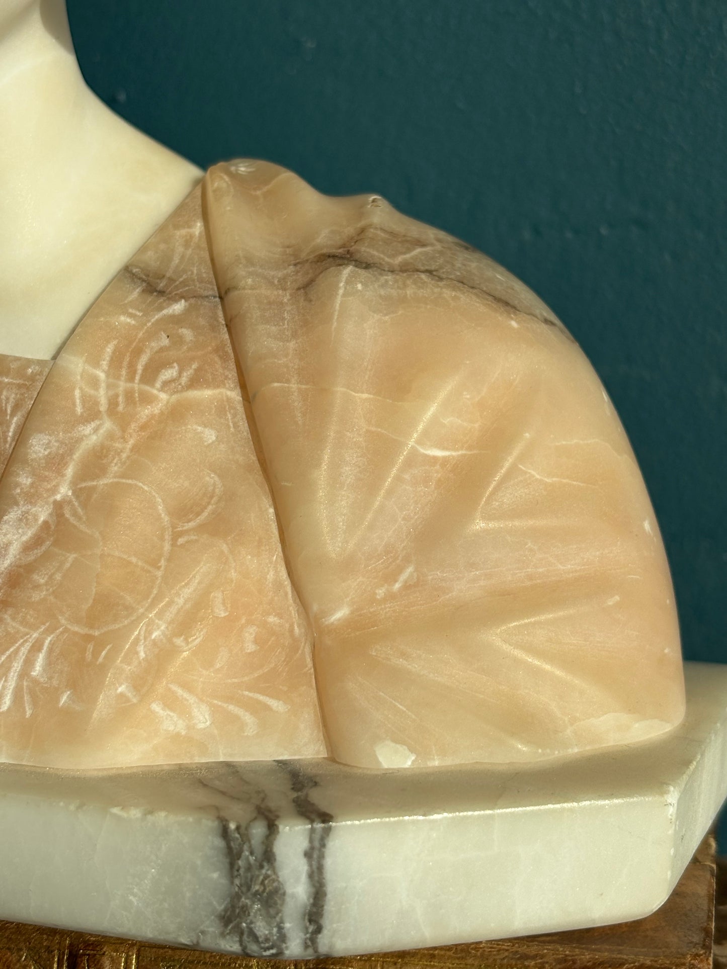 Vintage Signed Italian Carved Alabaster Female Bust Pink & White Sculpture