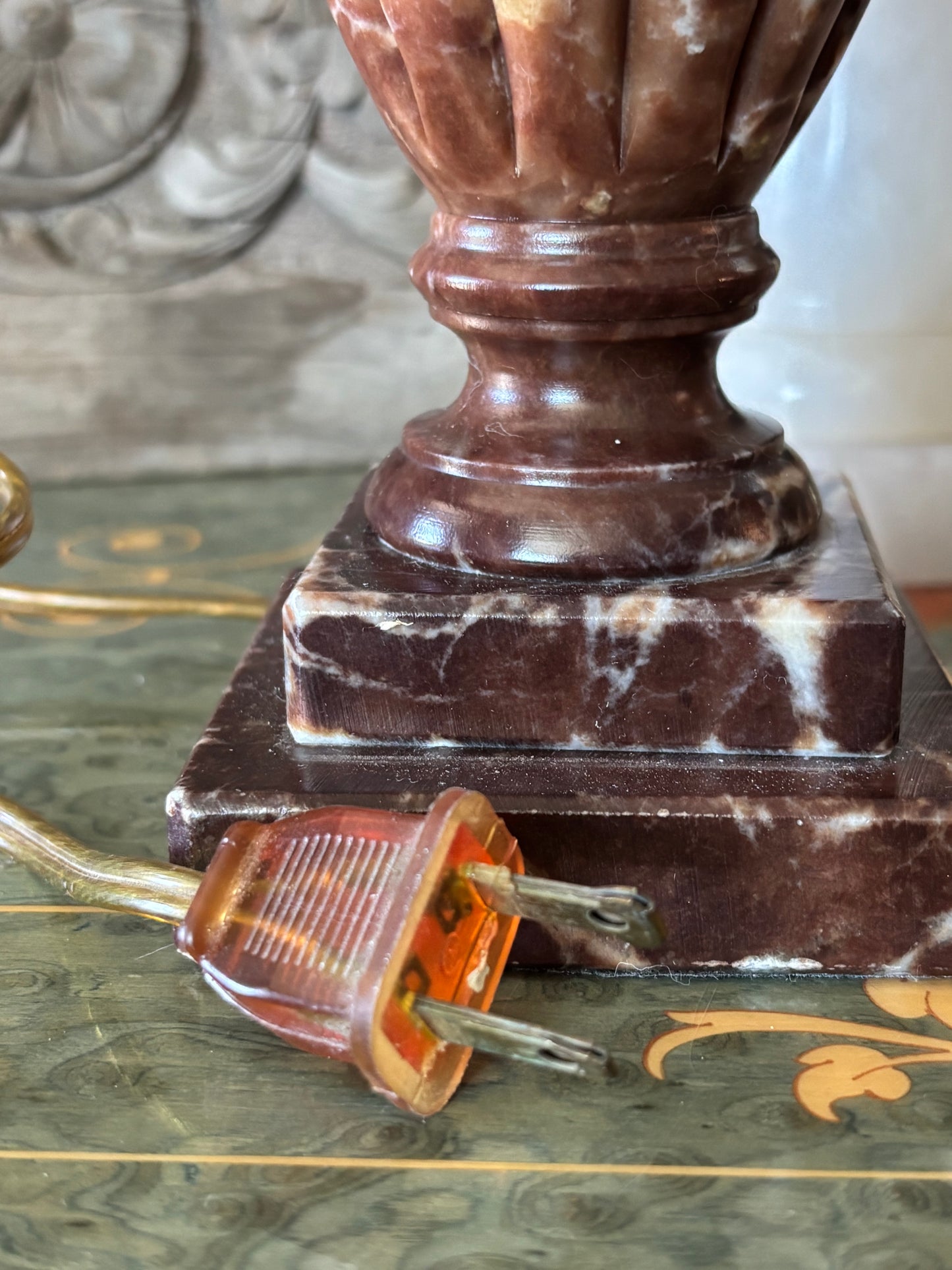 Vintage Brown Alabaster Carved Neoclassical 9” Lamp