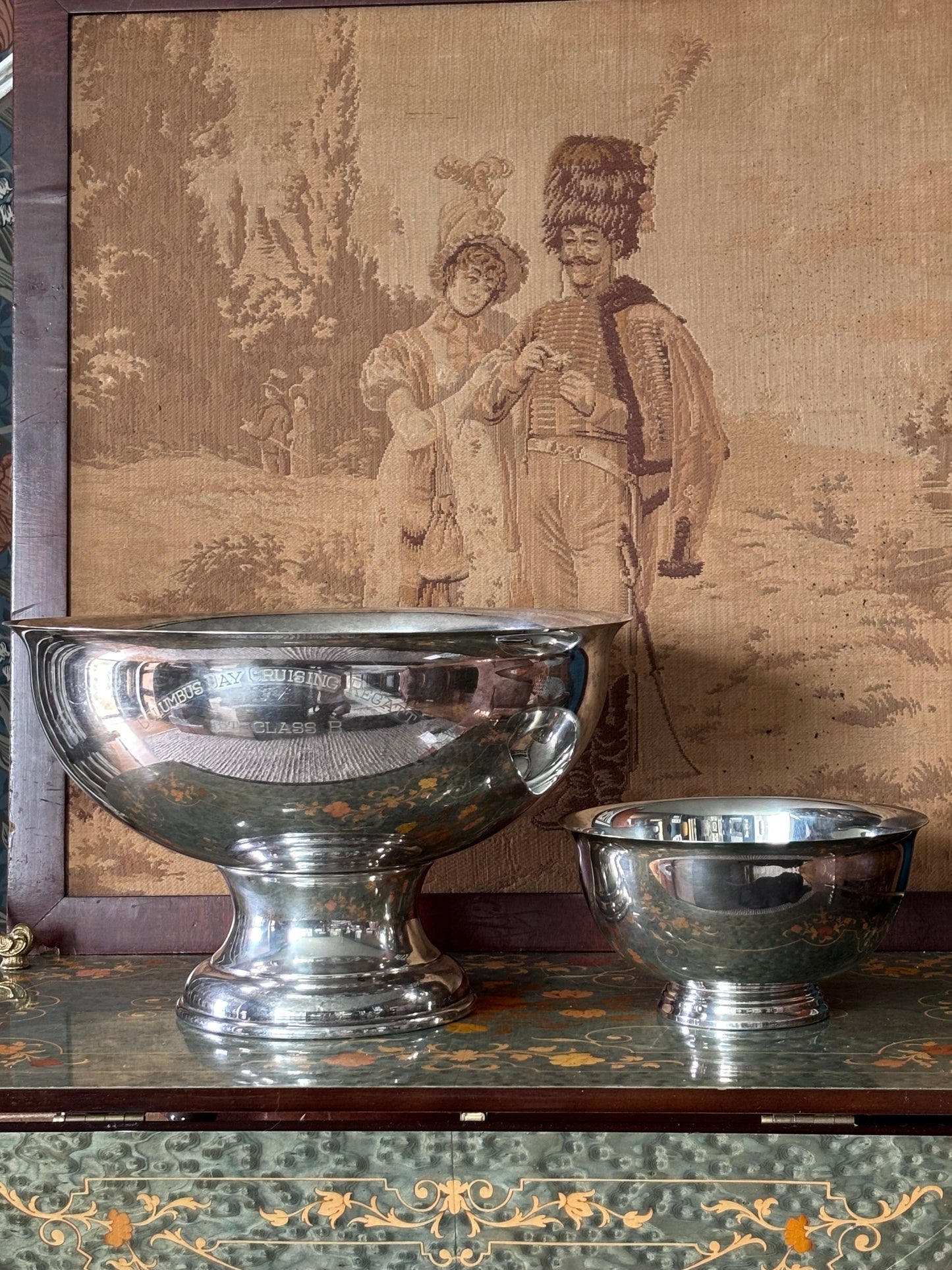 Vintage XL Paul Revere Style Silver Centerpiece Footed Bowl Regatta Engraving