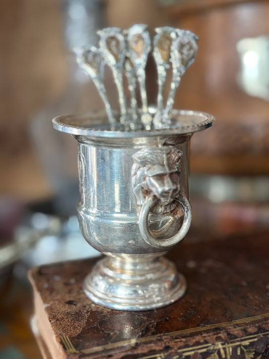 Vintage Sheffield English Silver Lion Head Handled Mini Trophy Urn Match Holder