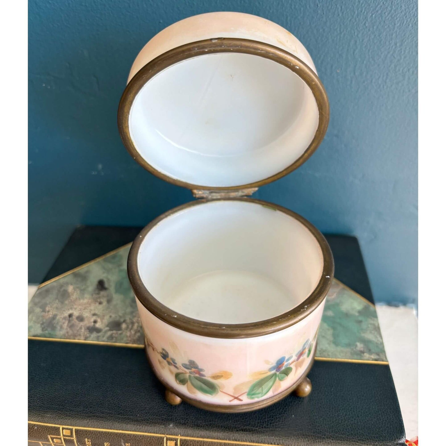 Antique Opaline Glass Blush Pink Hand Painted Butterfly Box image 4